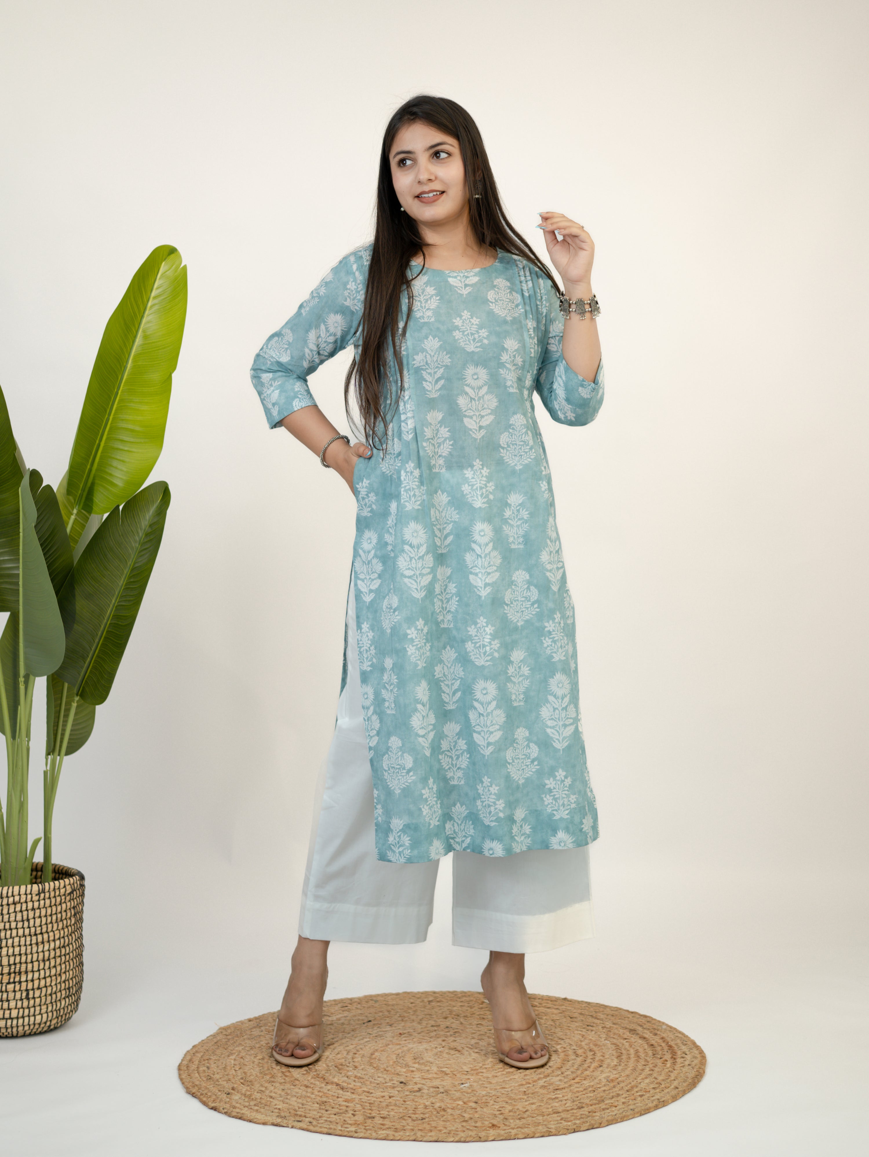 Kaaya Pastel Green Floral Cotton Straight Kurta Set