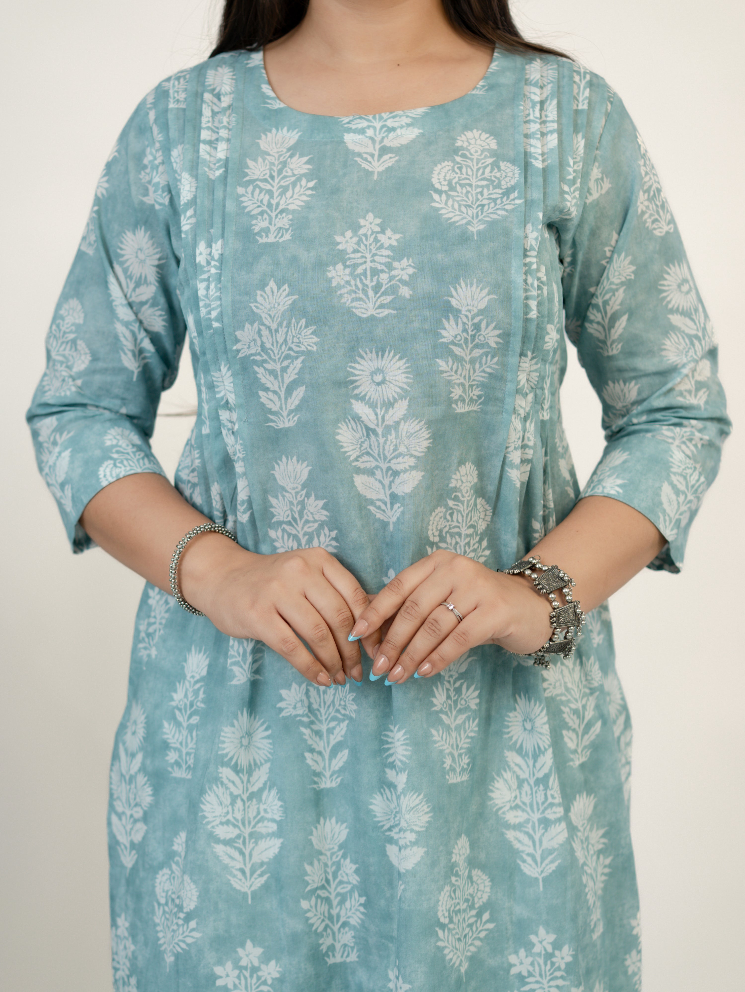 Kaaya Pastel Green Floral Cotton Straight Kurta Set