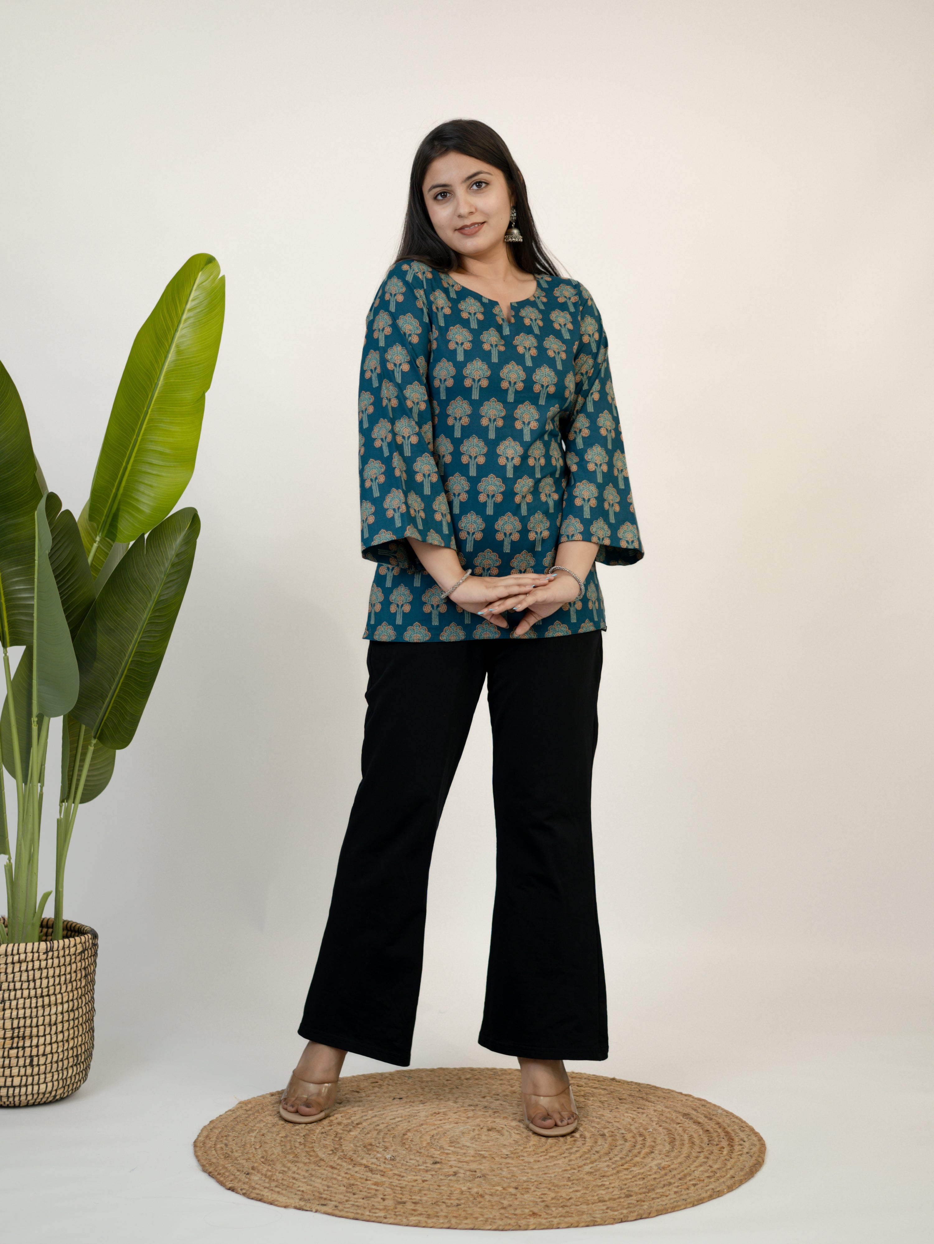 Zehra Blue Handblock Cotton Corset Short Top