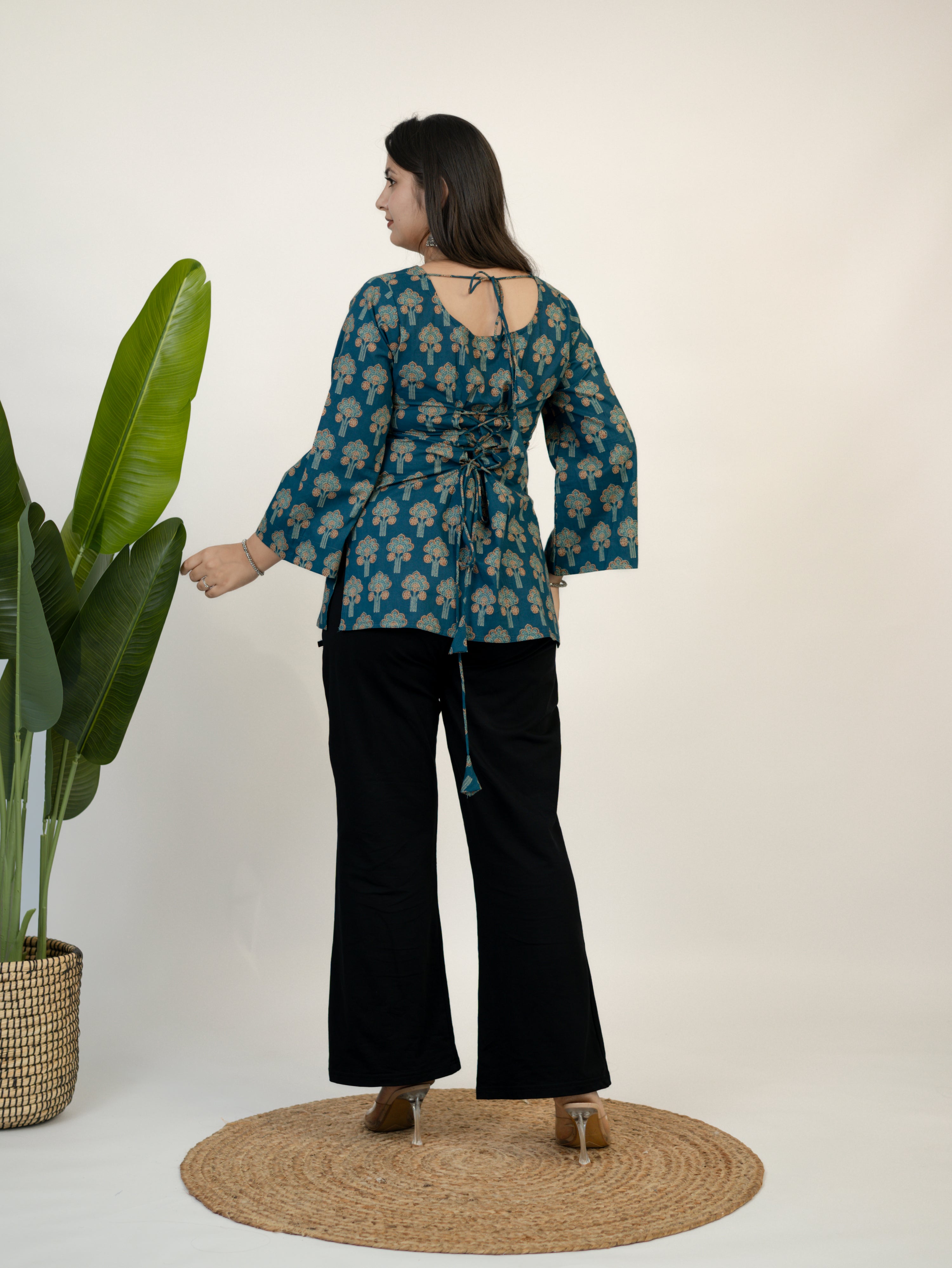 Zehra Blue Handblock Cotton Corset Short Top