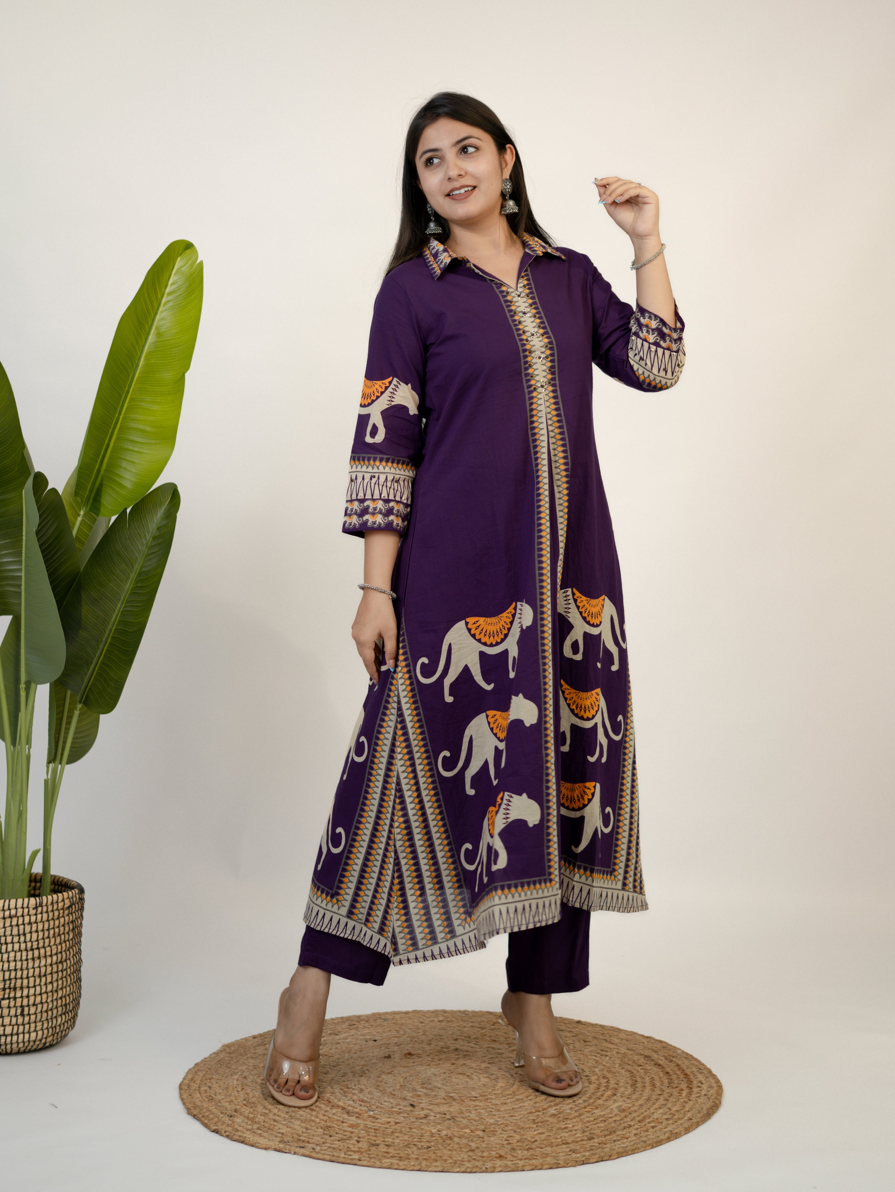 Kiara Purple Tribal Bagh Cotton BeadWork Kurta Set