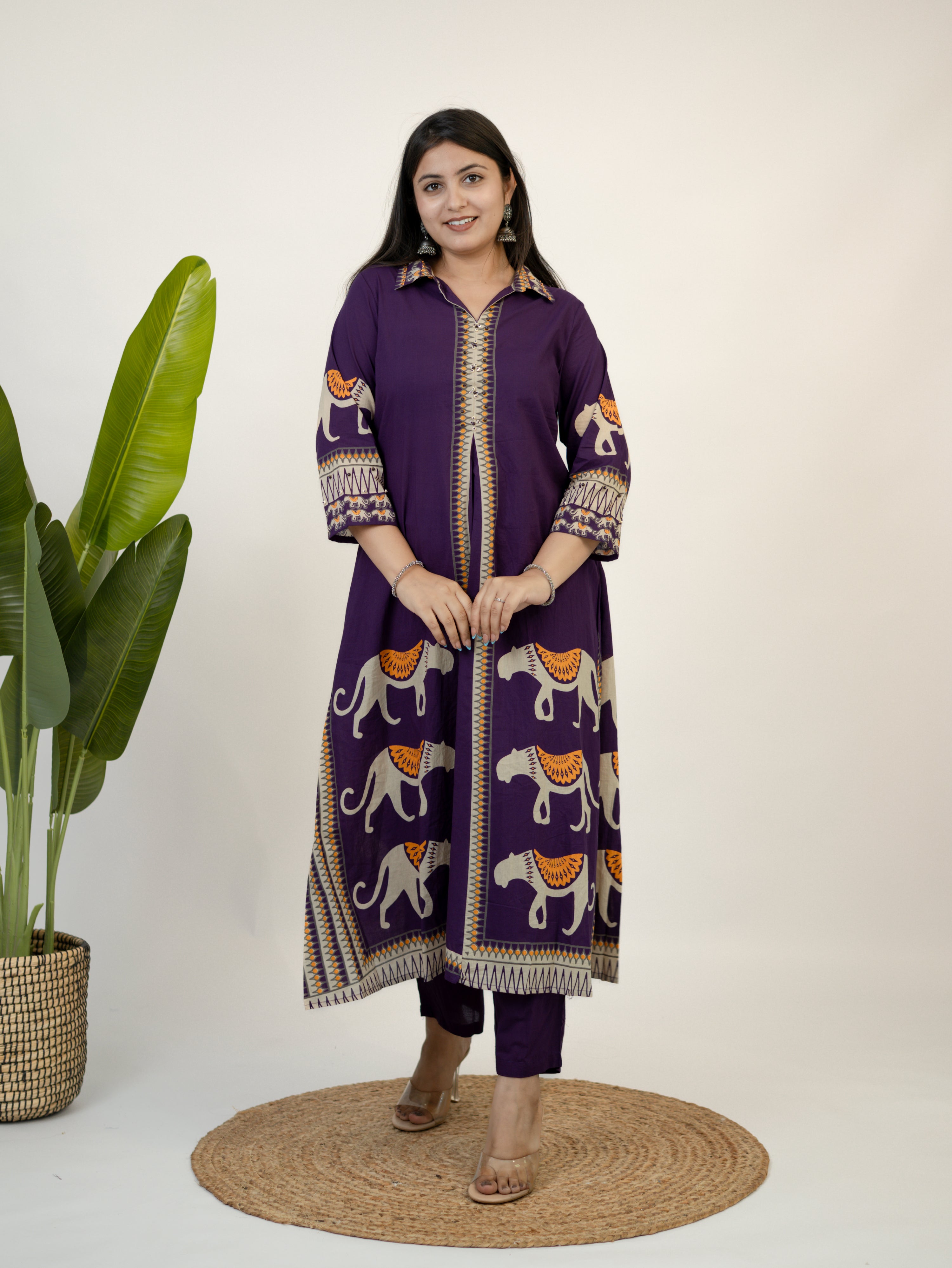Kiara Purple Tribal Bagh Cotton BeadWork Kurta Set