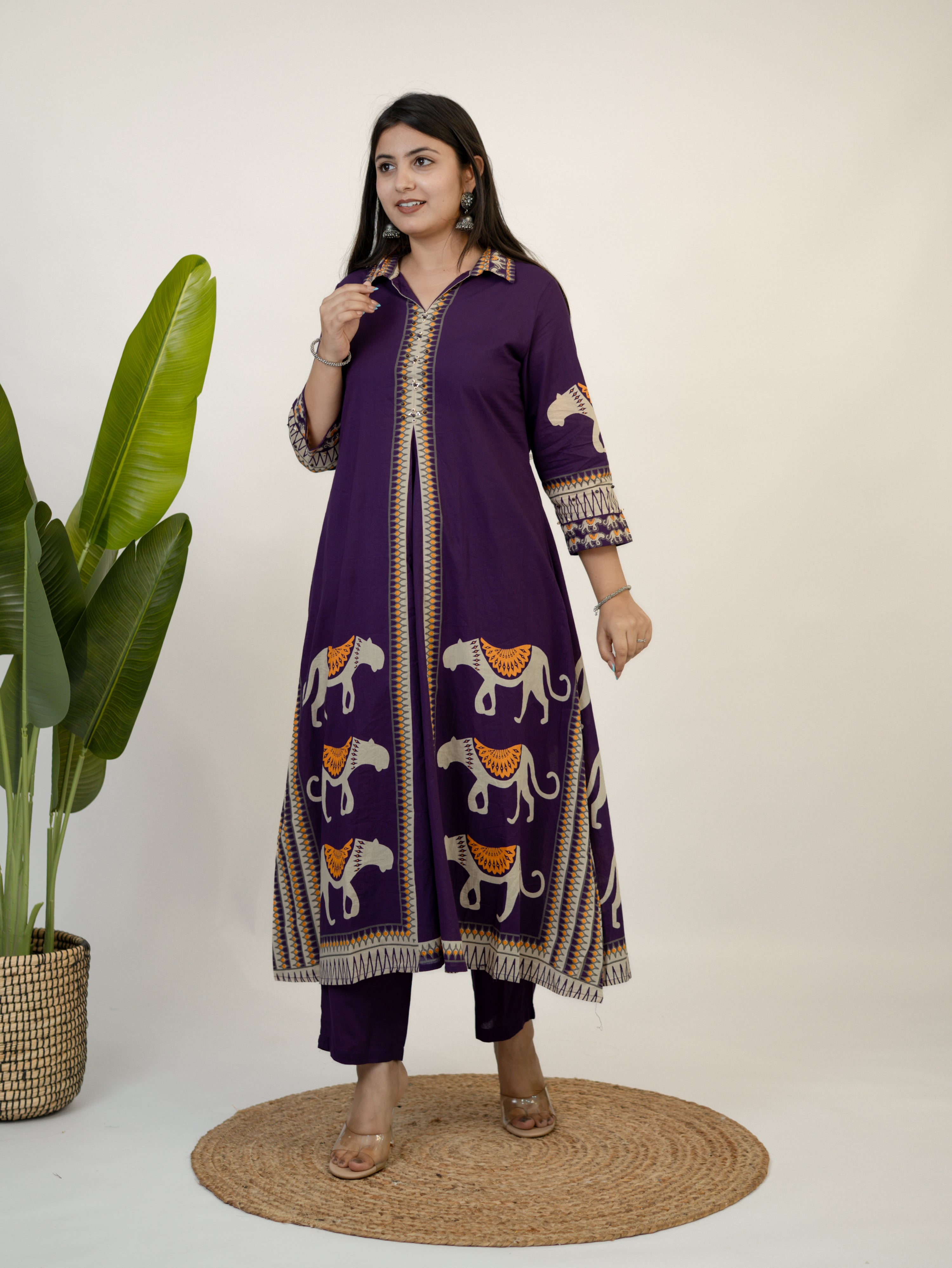 Kiara Purple Tribal Bagh Cotton BeadWork Kurta Set