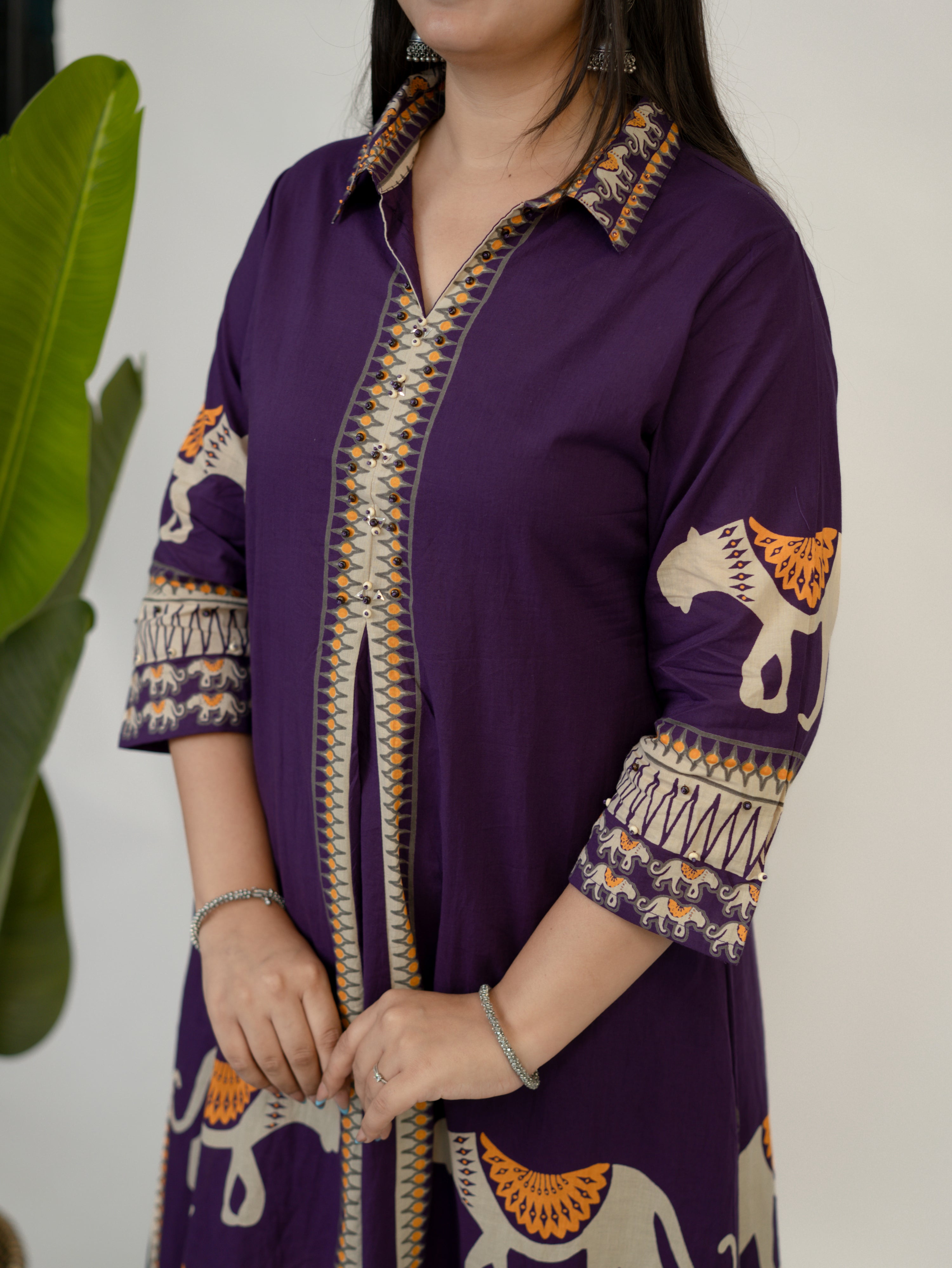 Kiara Purple Tribal Bagh Cotton BeadWork Kurta Set