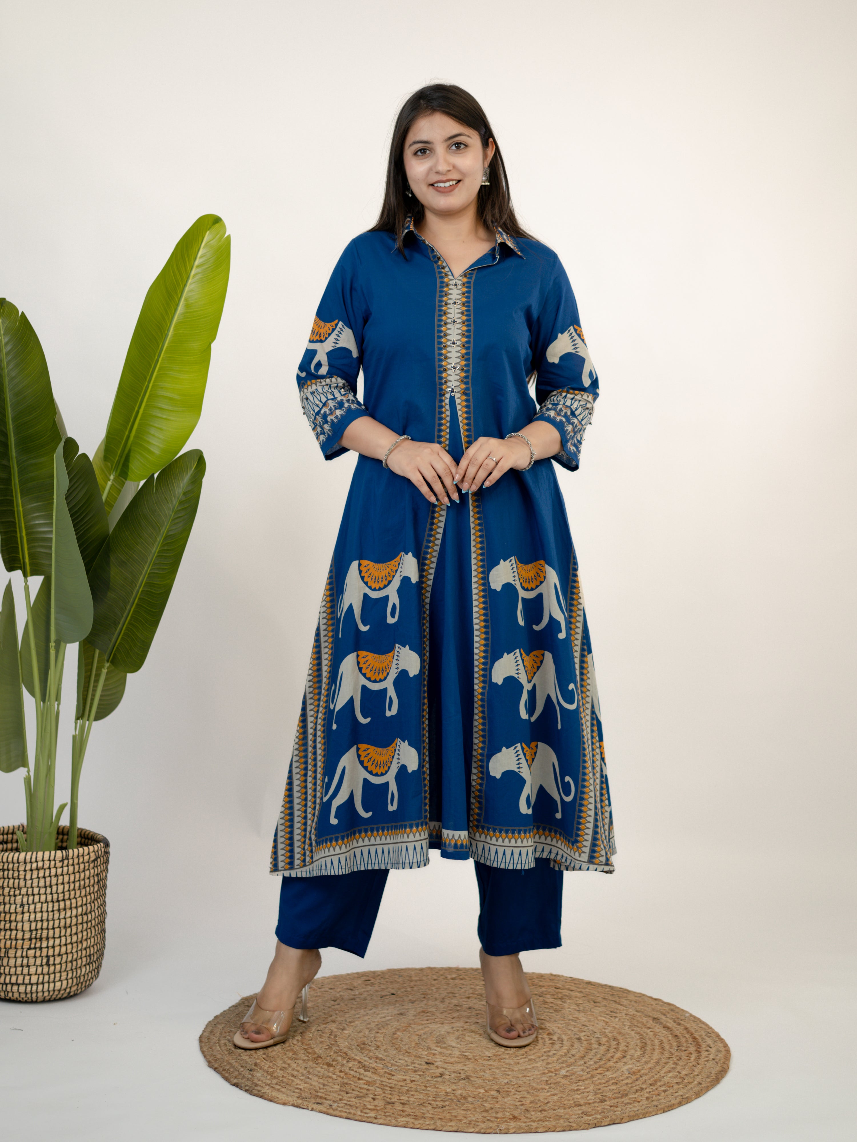 Kiara Blue Tribal Bagh Cotton BeadWork Kurta Set
