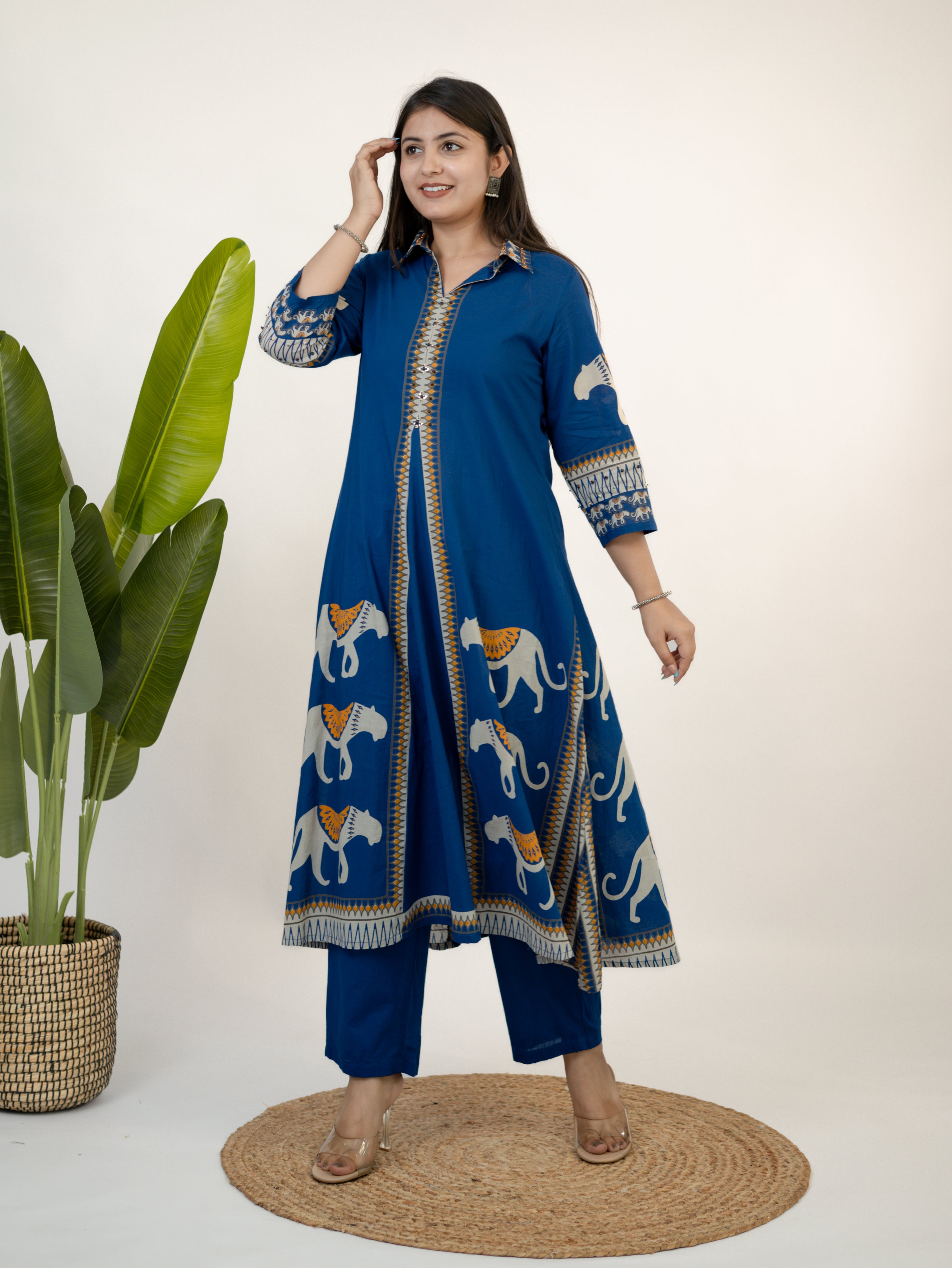 Kiara Blue Tribal Bagh Cotton BeadWork Kurta Set
