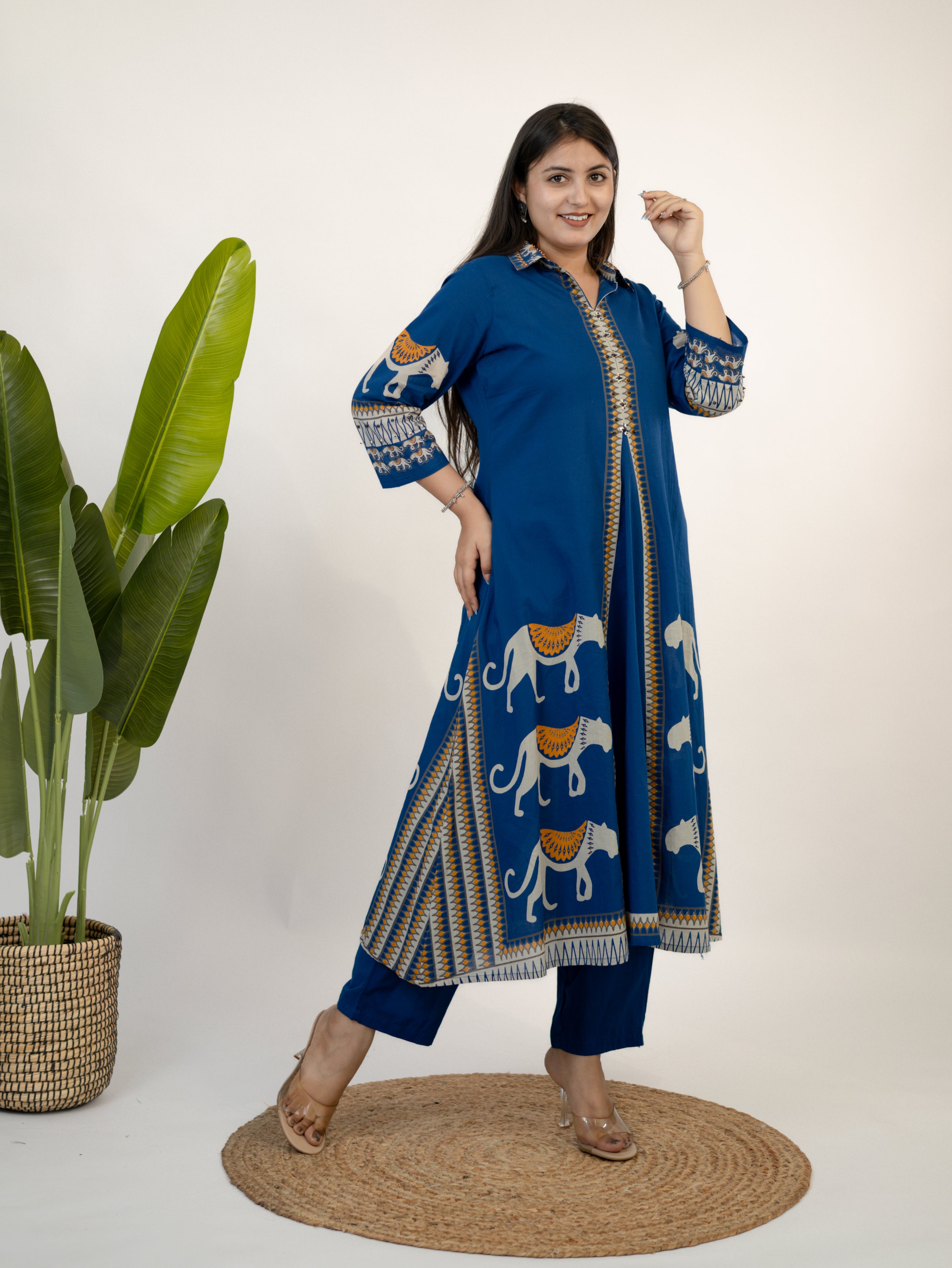 Kiara Blue Tribal Bagh Cotton BeadWork Kurta Set