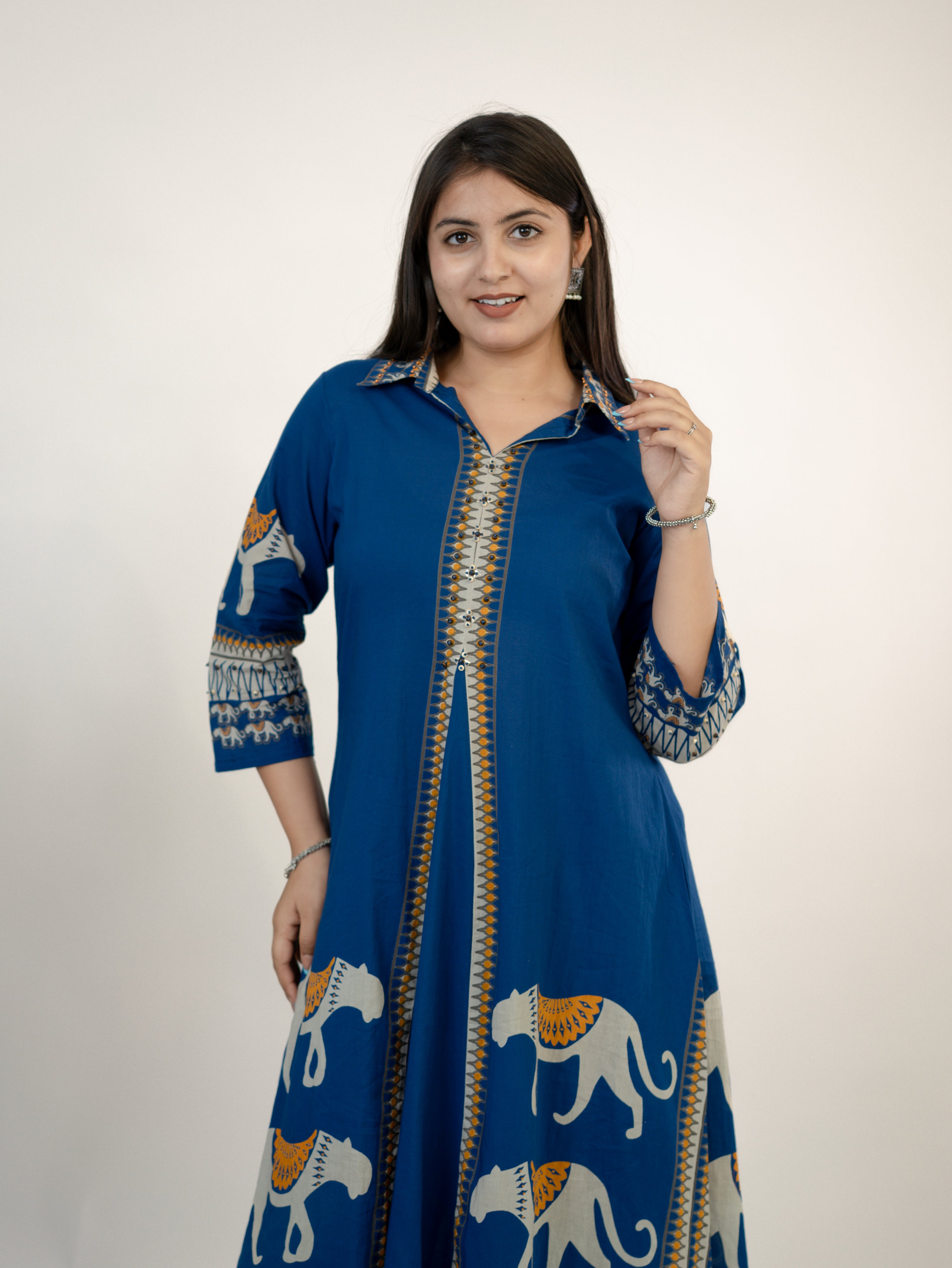 Kiara Blue Tribal Bagh Cotton BeadWork Kurta Set
