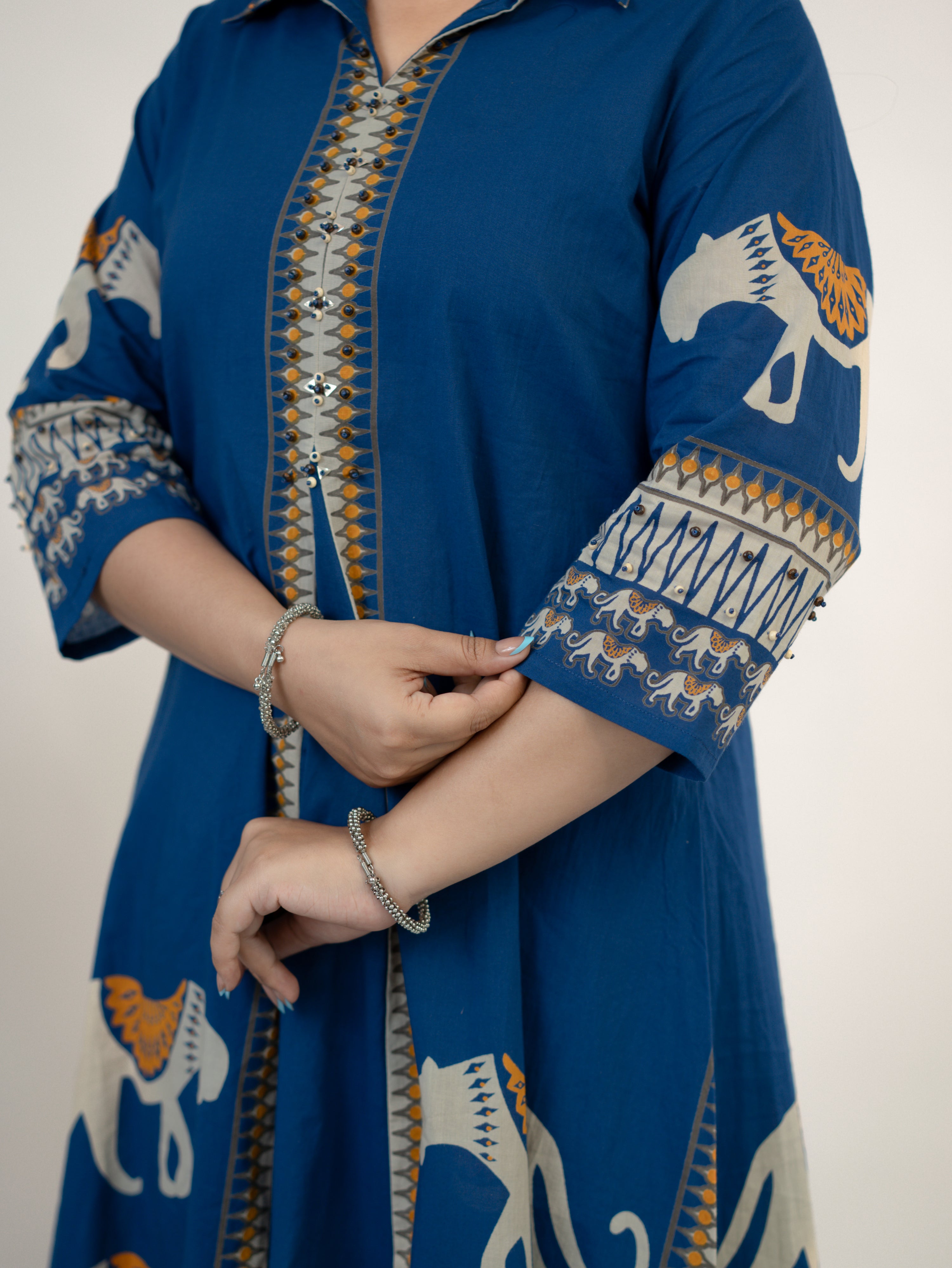 Kiara Blue Tribal Bagh Cotton BeadWork Kurta Set