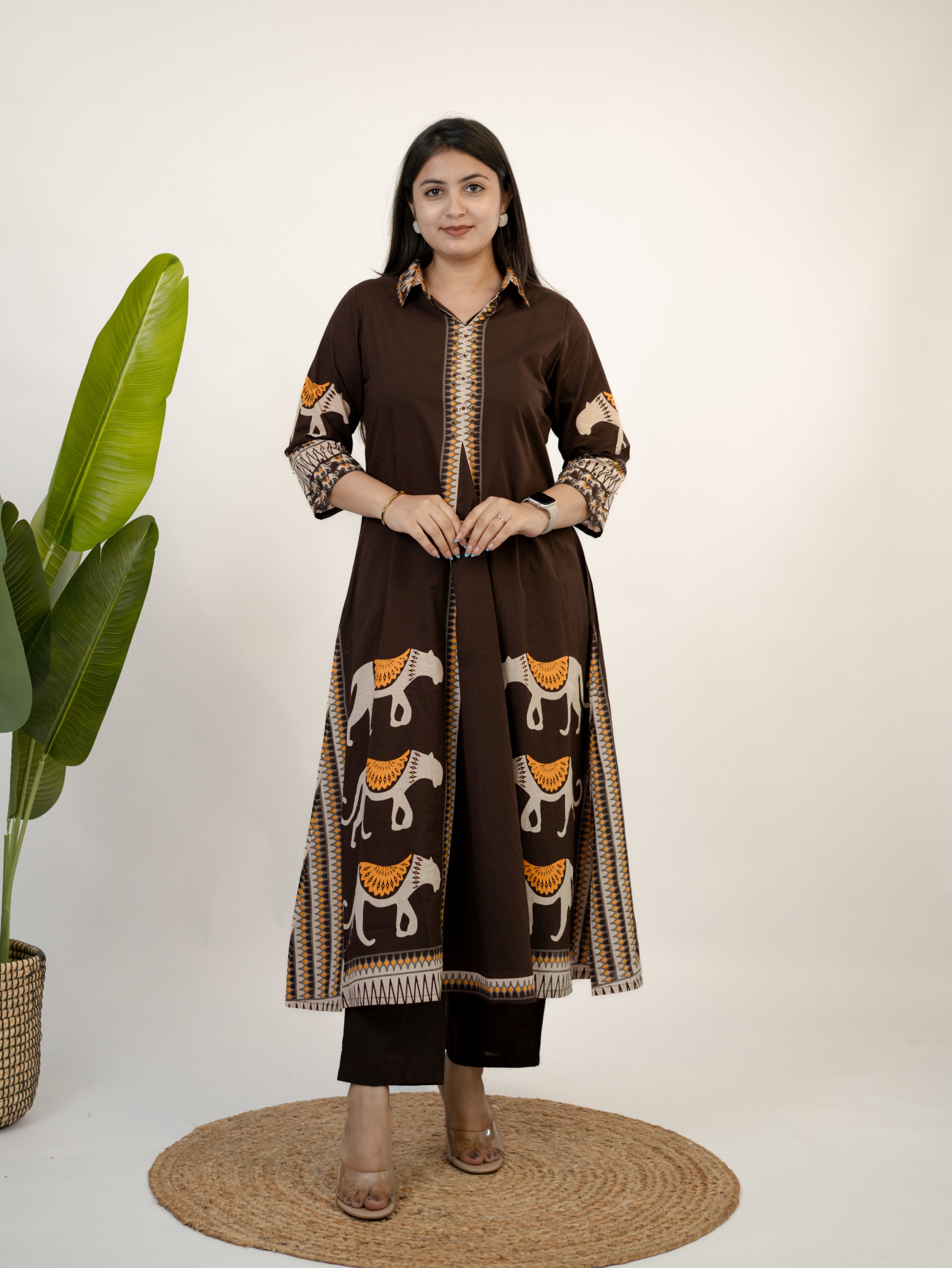 Kiara Brown Tribal Bagh Cotton BeadWork Kurta Set