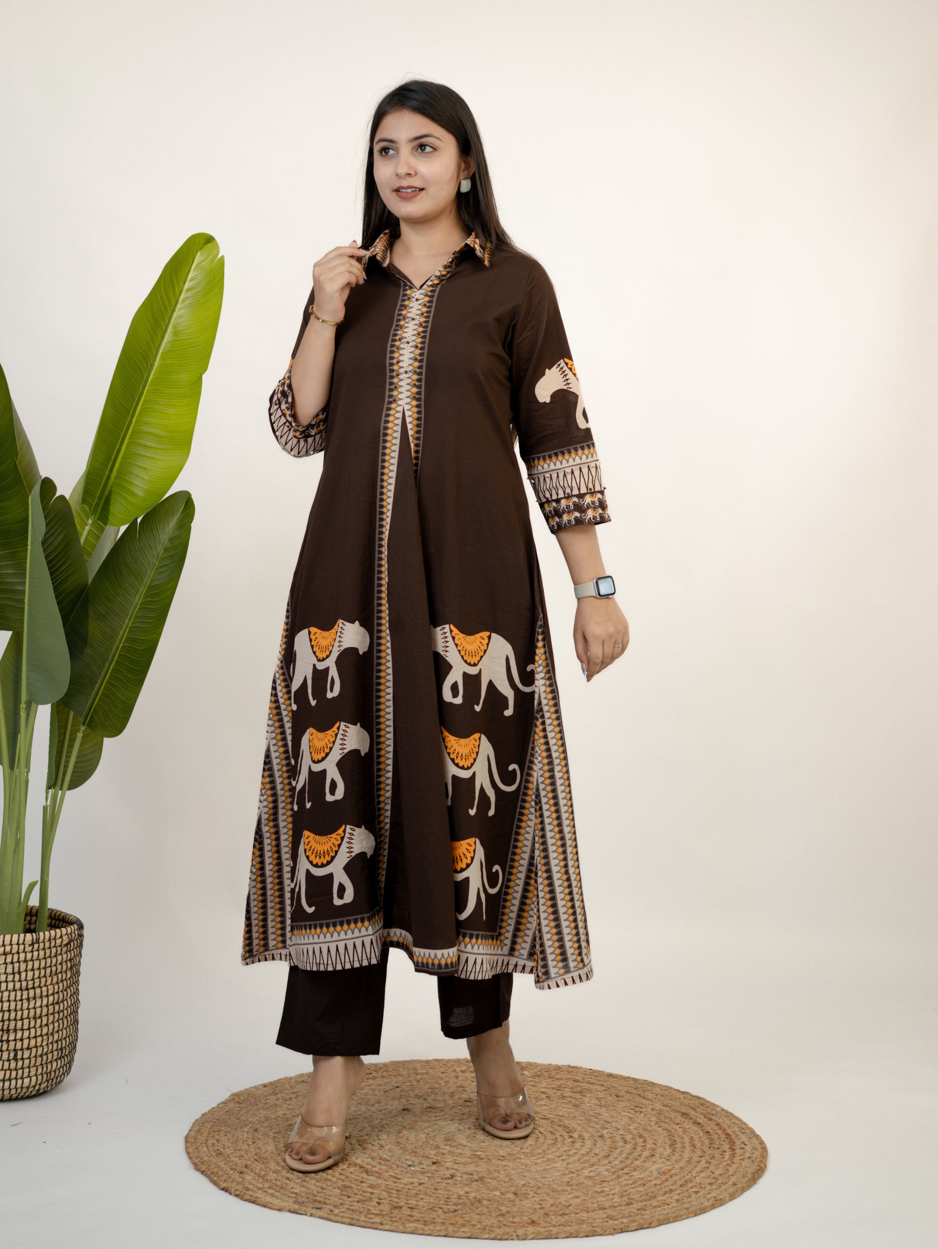 Kiara Brown Tribal Bagh Cotton BeadWork Kurta Set