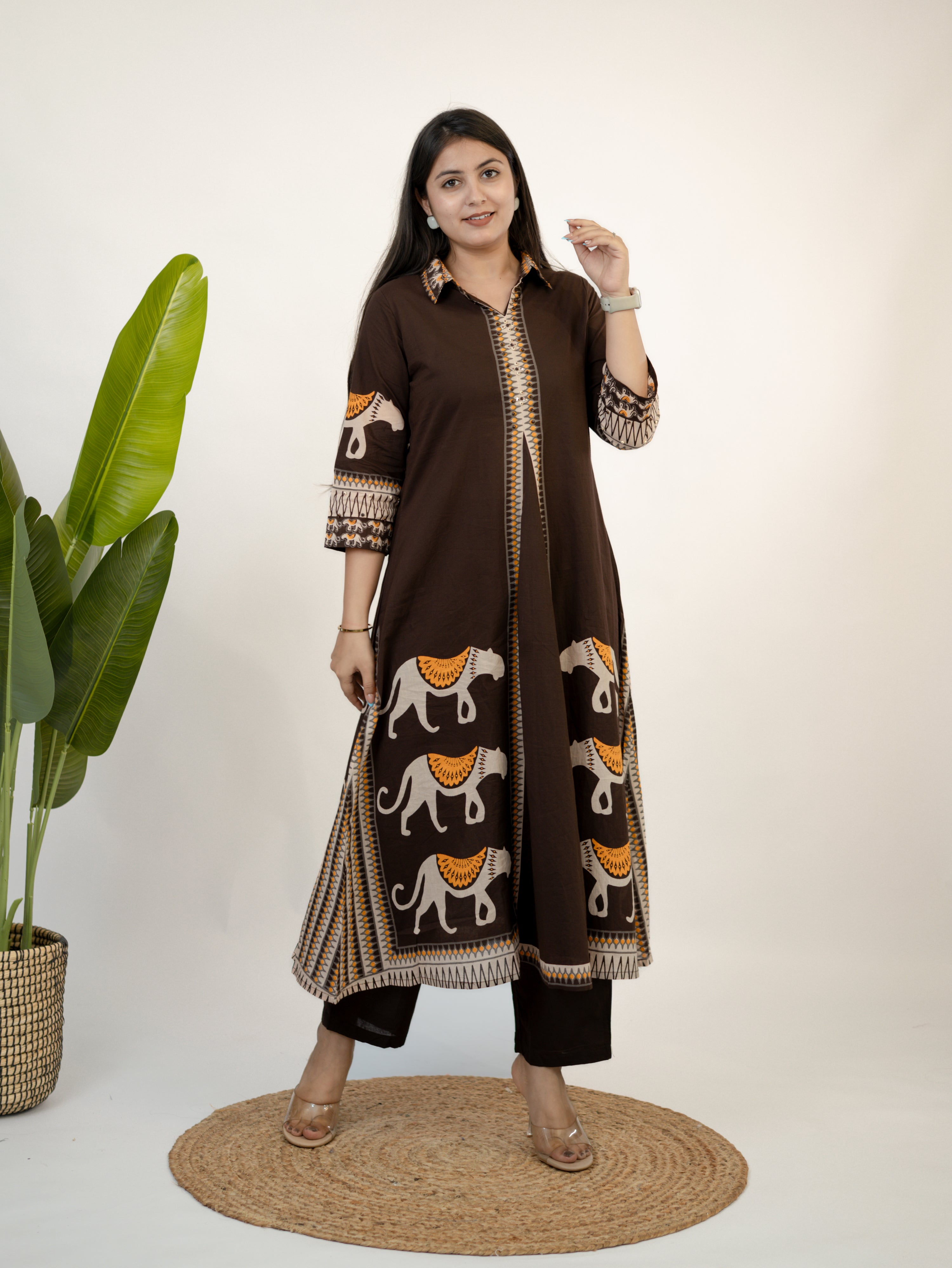 Kiara Brown Tribal Bagh Cotton BeadWork Kurta Set
