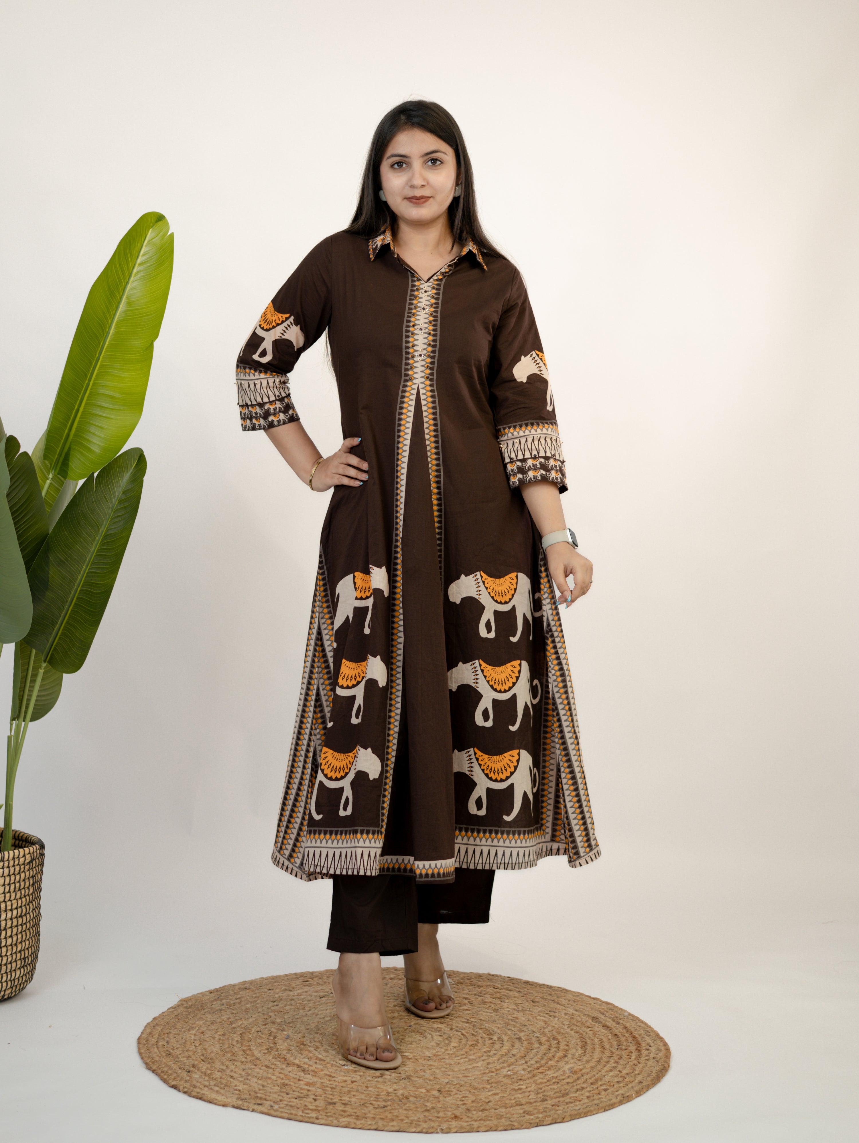 Kiara Brown Tribal Bagh Cotton BeadWork Kurta Set