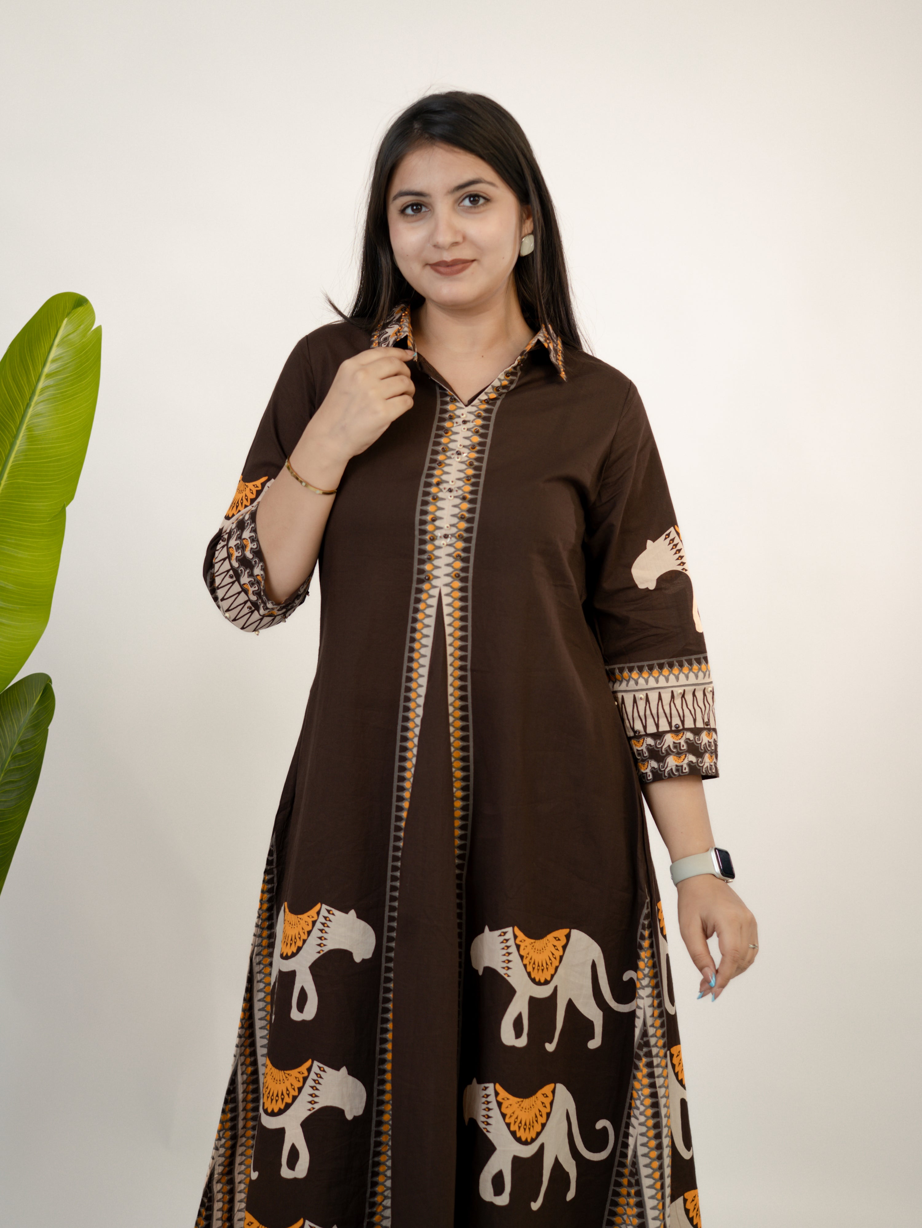 Kiara Brown Tribal Bagh Cotton BeadWork Kurta Set