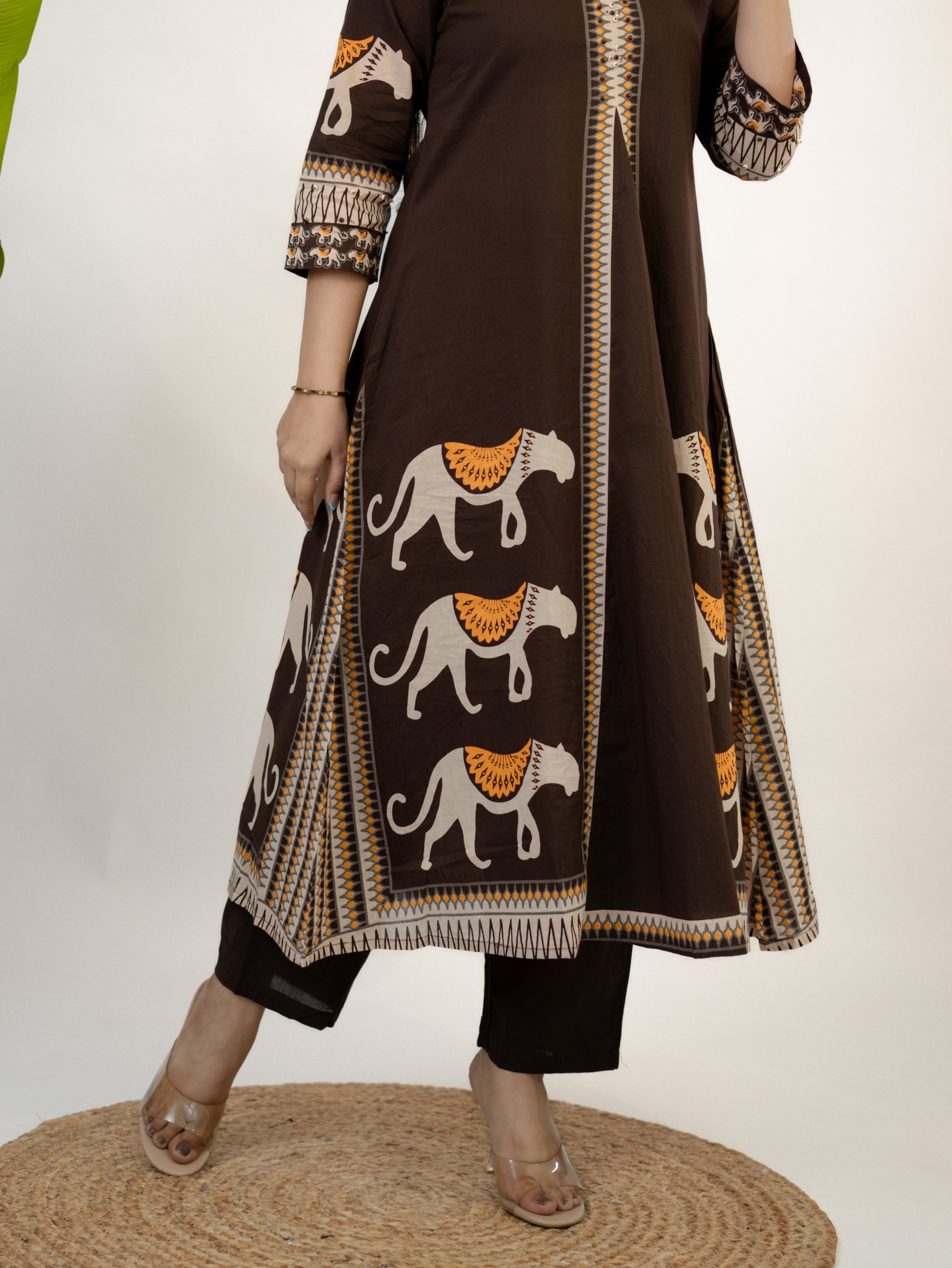 Kiara Brown Tribal Bagh Cotton BeadWork Kurta Set