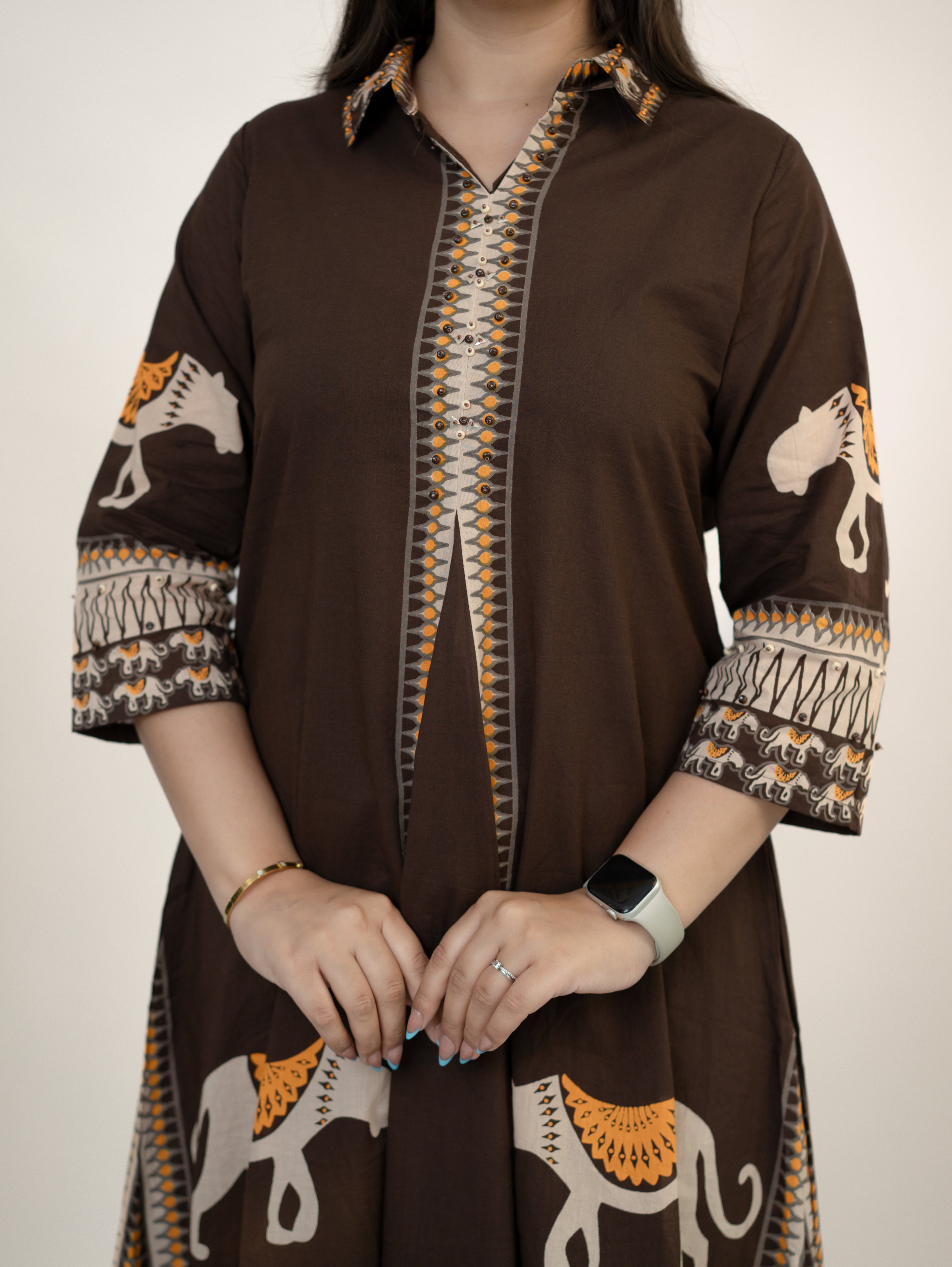 Kiara Brown Tribal Bagh Cotton BeadWork Kurta Set