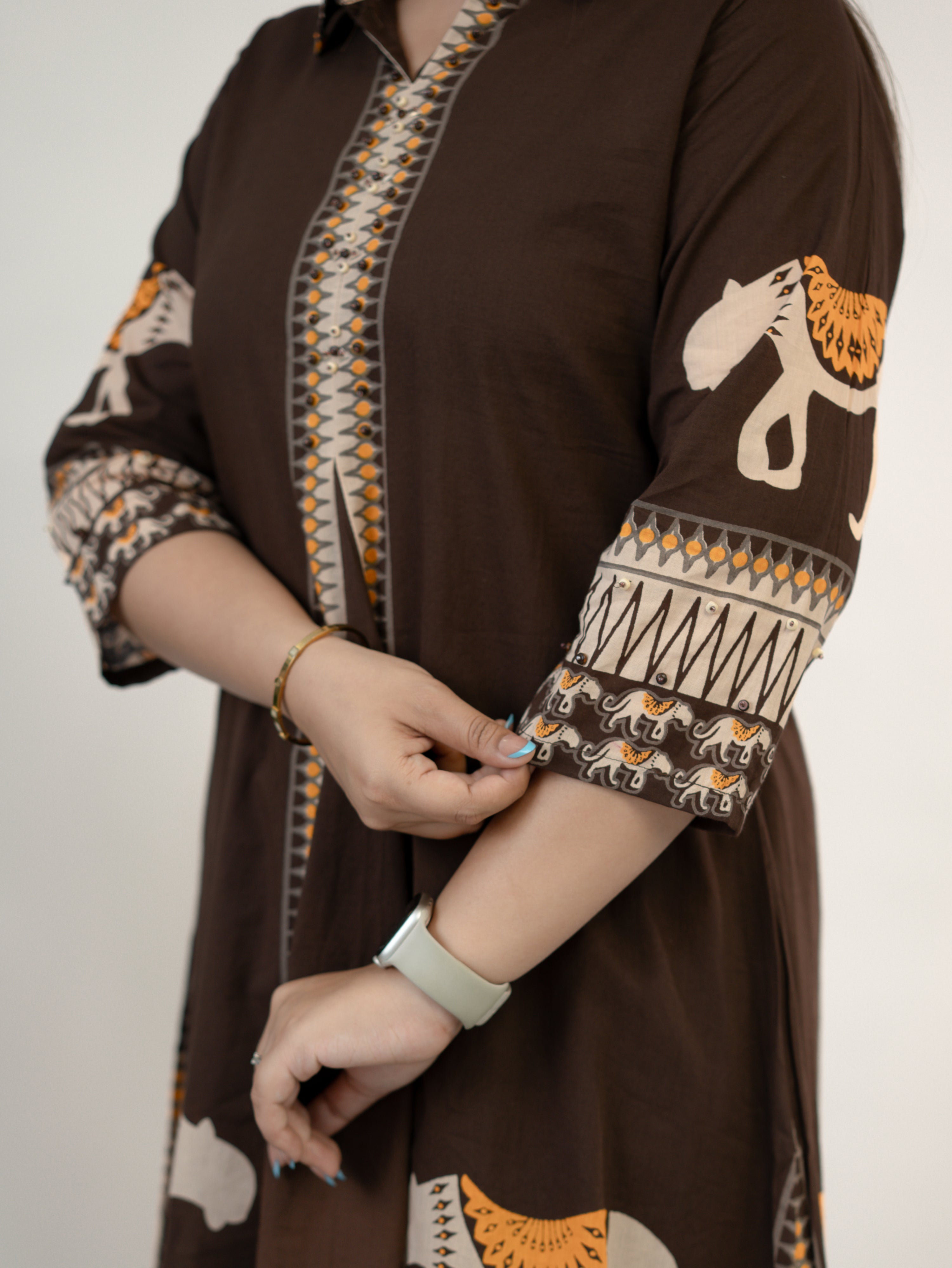 Kiara Brown Tribal Bagh Cotton BeadWork Kurta Set