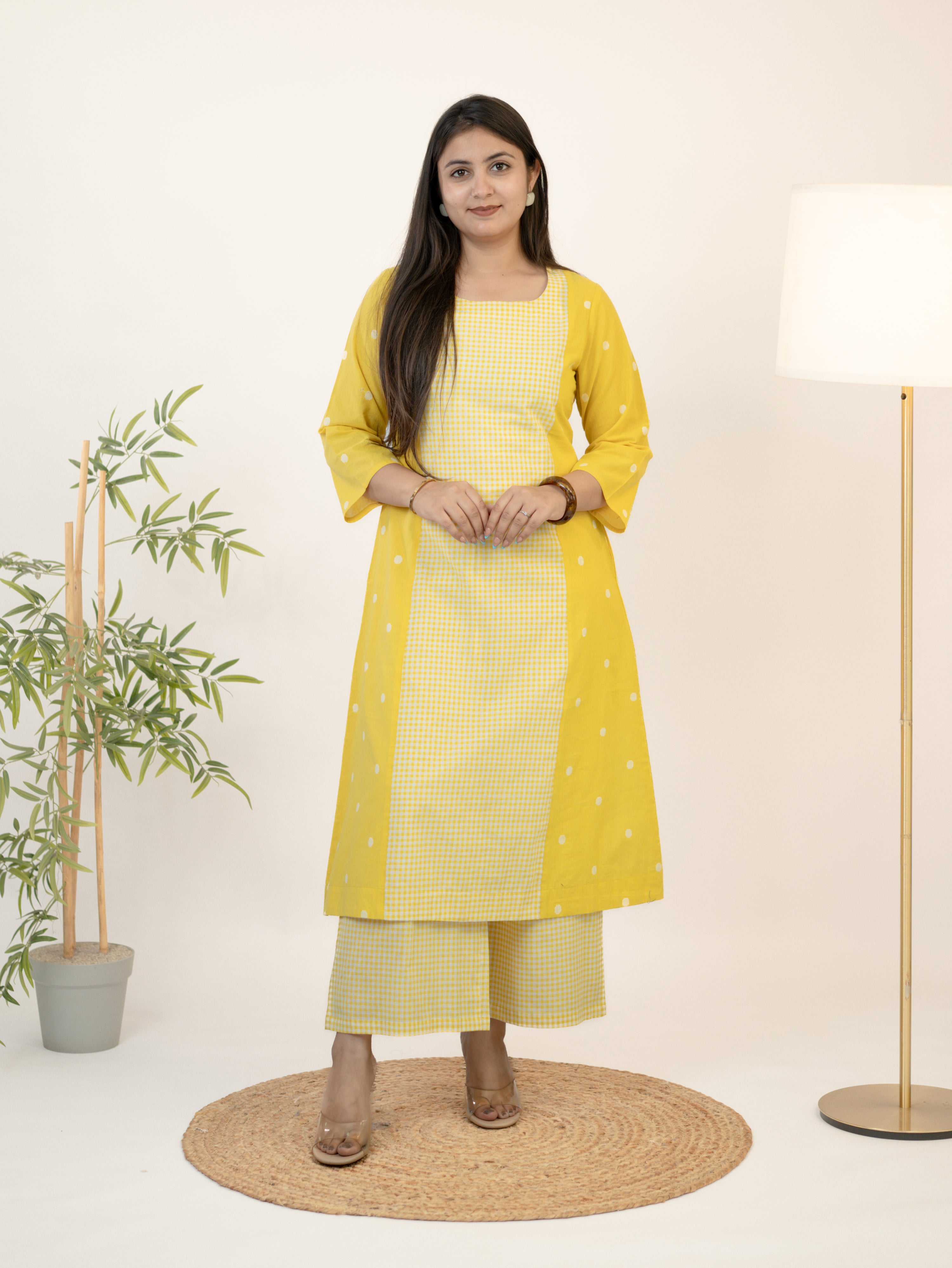 Taana Yellow Premium Handloom Cotton A-line Kurta Set