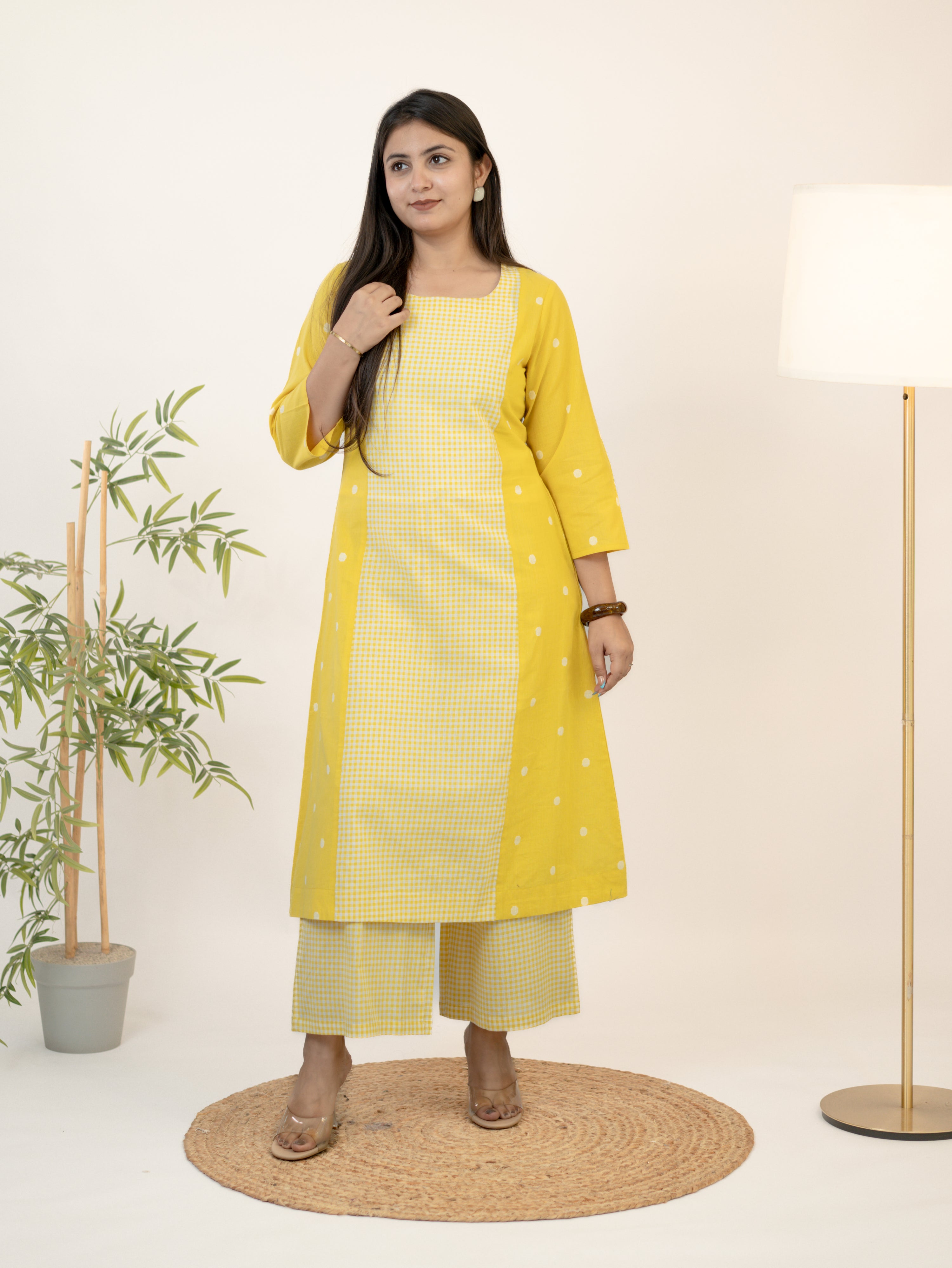 Taana Yellow Premium Handloom Cotton A-line Kurta Set