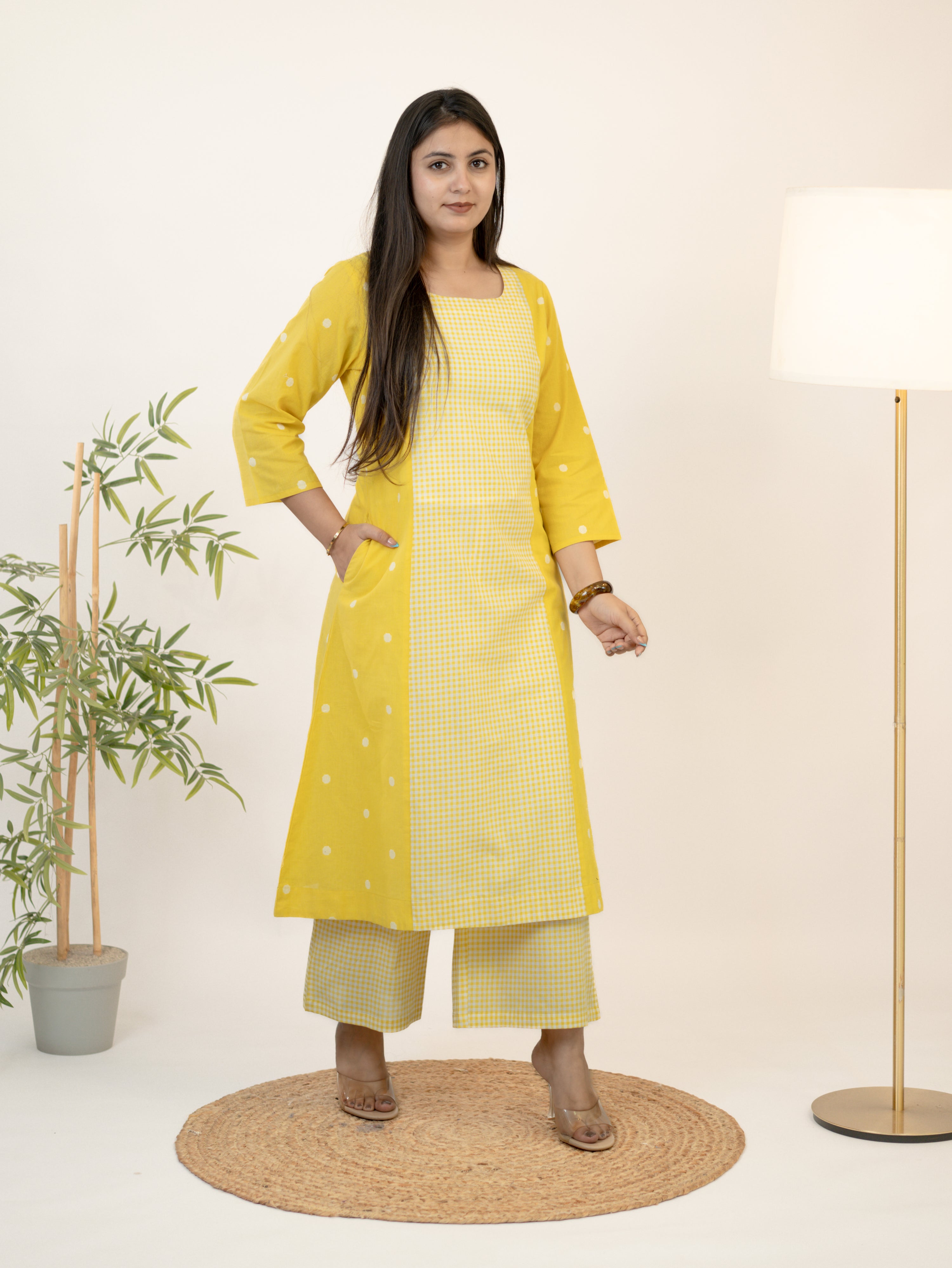 Taana Yellow Premium Handloom Cotton A-line Kurta Set