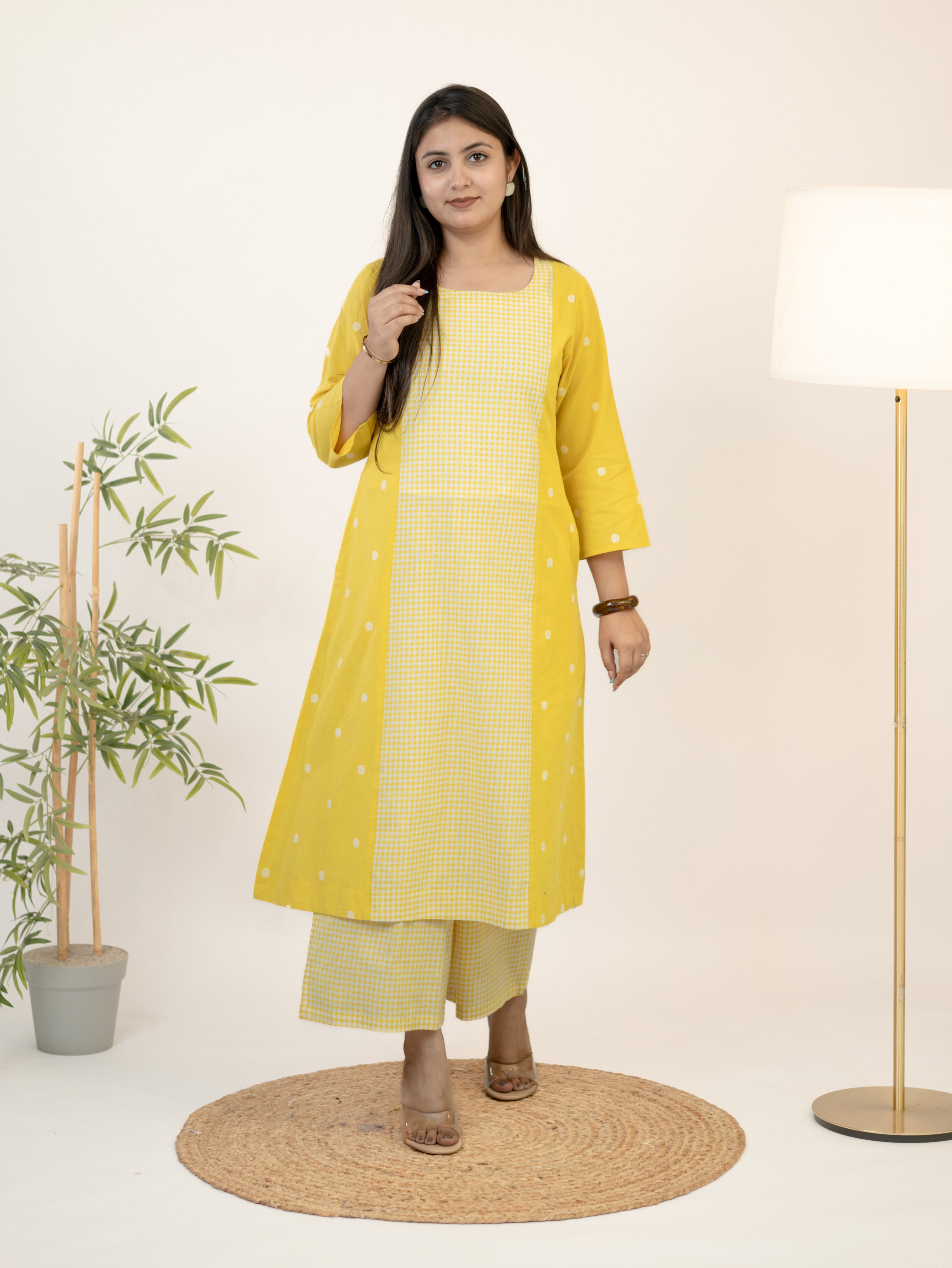 Taana Yellow Premium Handloom Cotton A-line Kurta Set