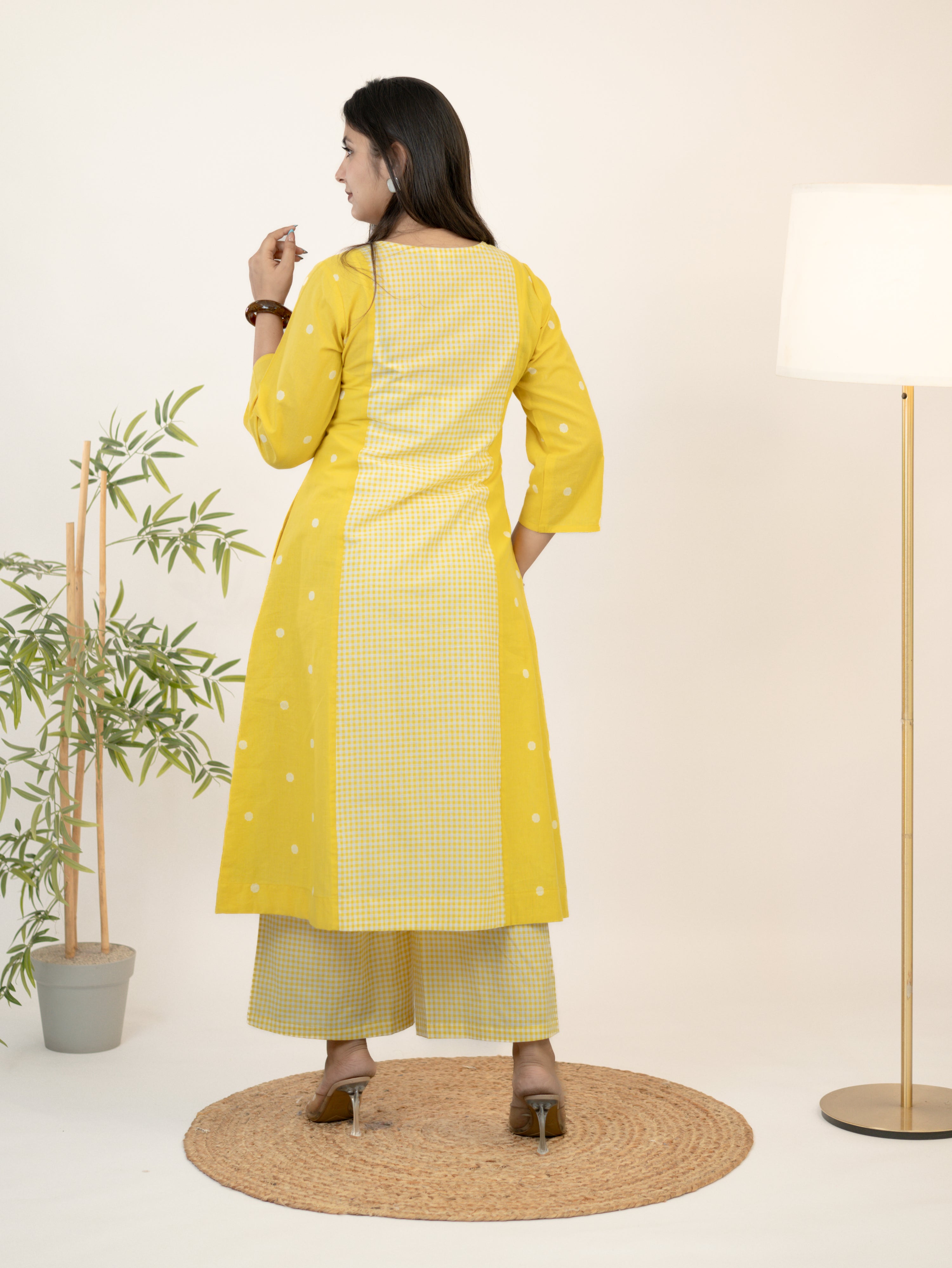 Taana Yellow Premium Handloom Cotton A-line Kurta Set