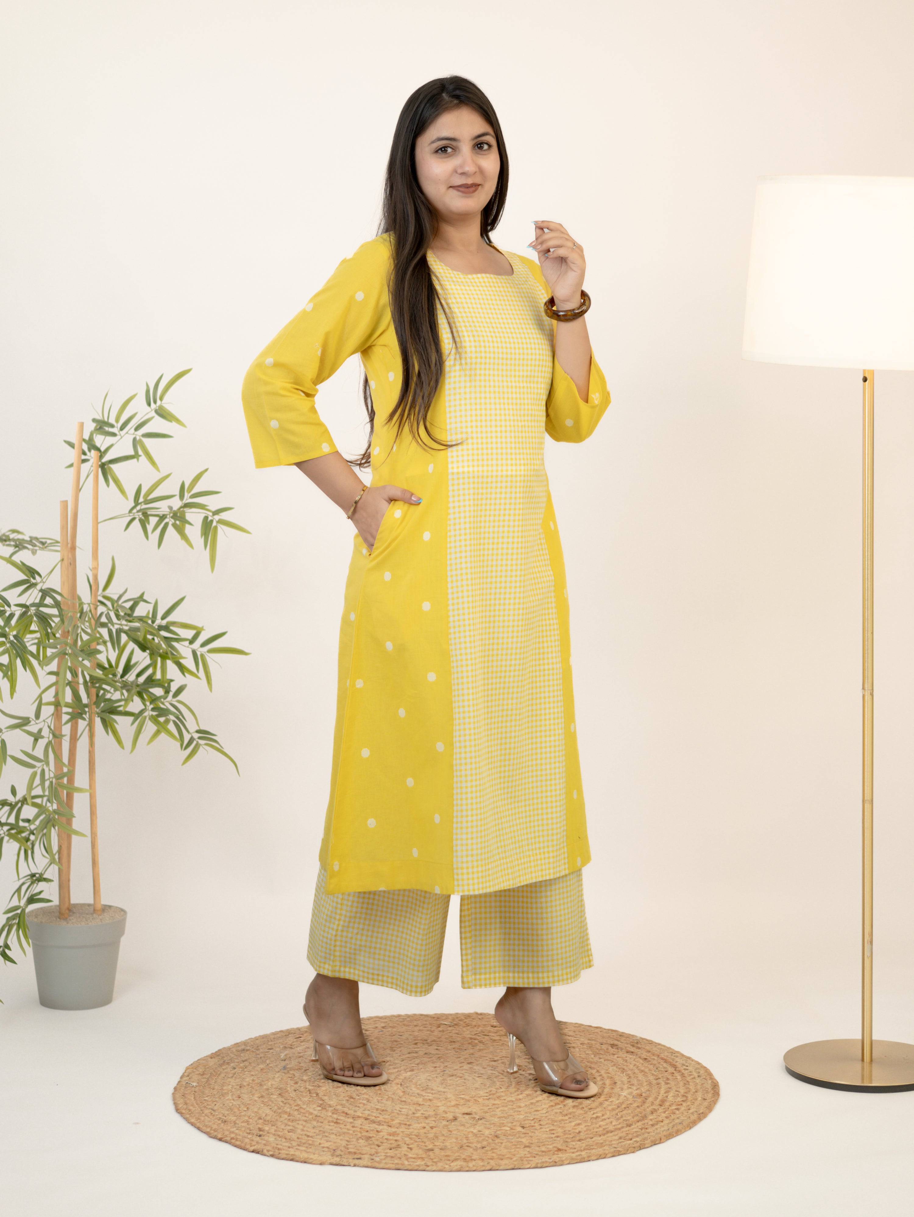 Taana Yellow Premium Handloom Cotton A-line Kurta Set