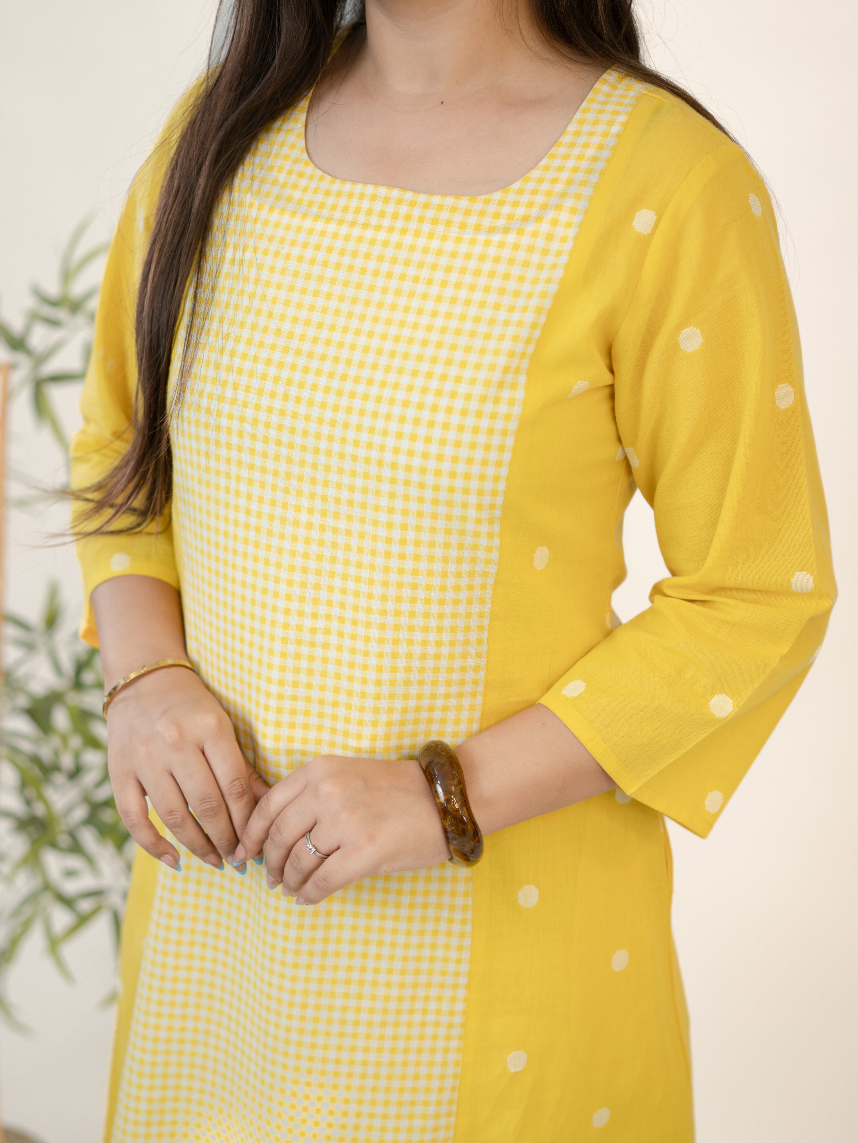 Taana Yellow Premium Handloom Cotton A-line Kurta Set
