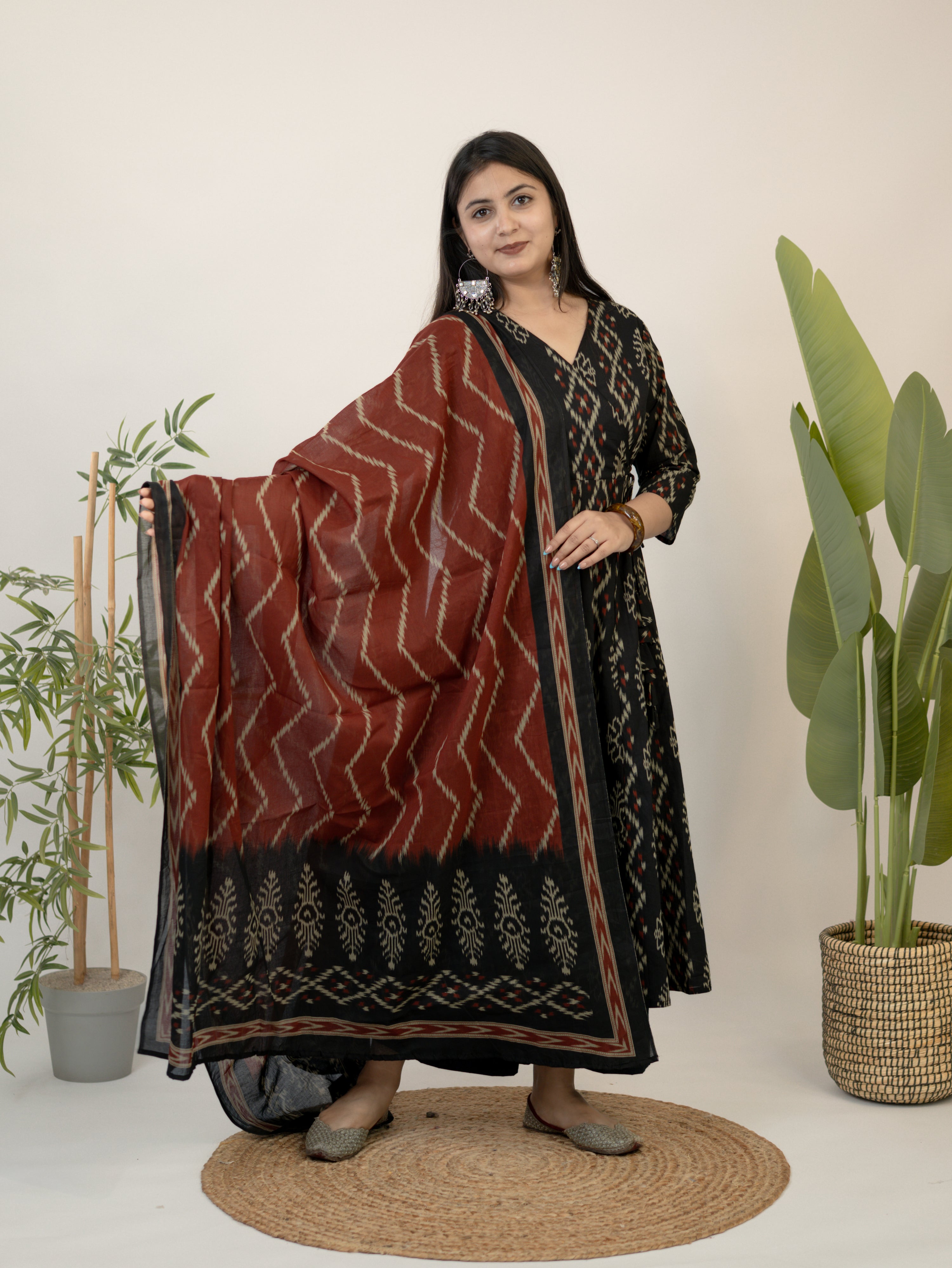 Vanya Red Cotton Ikkat Anarkali Dupatta Set