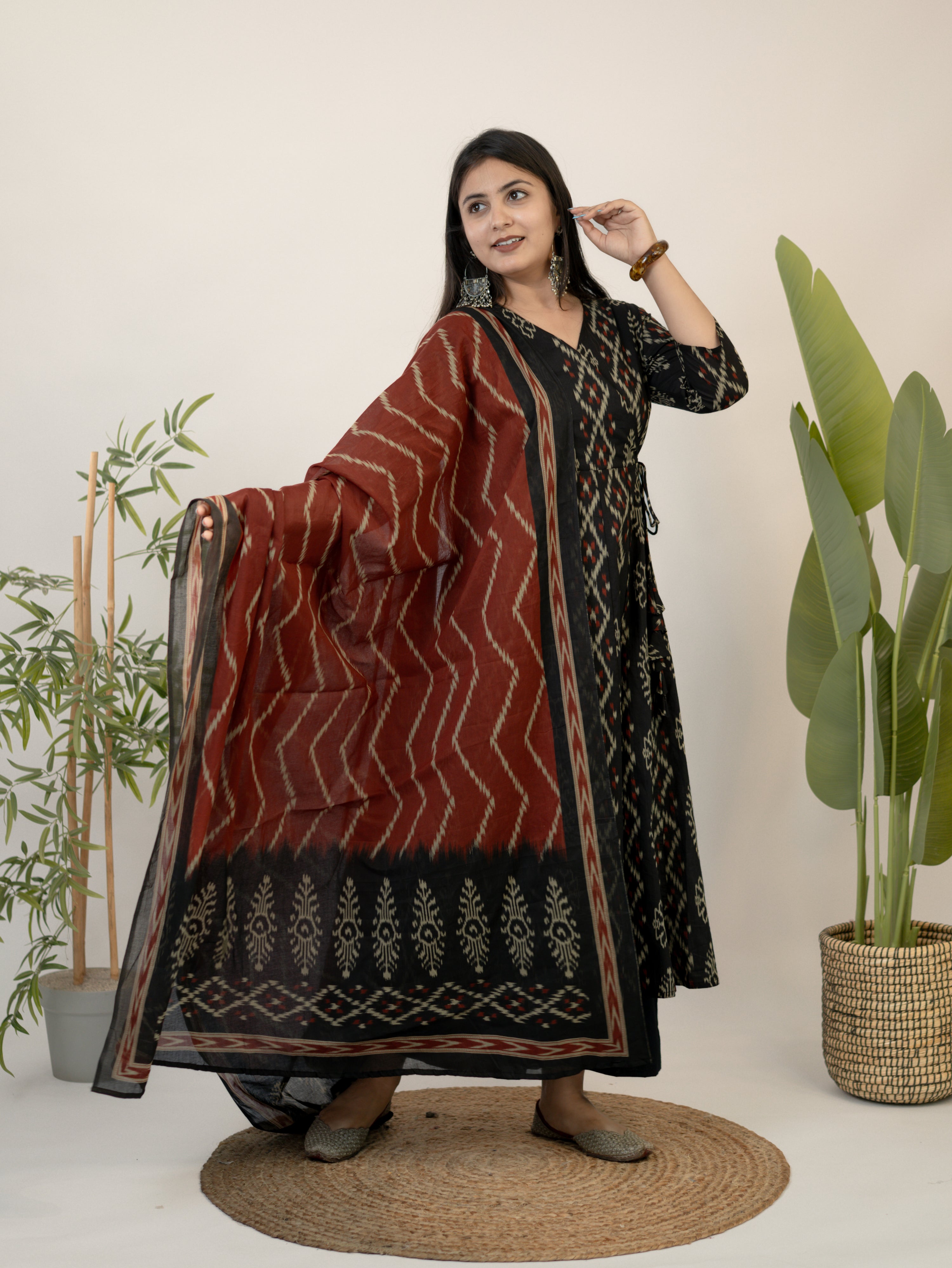 Vanya Red Cotton Ikkat Anarkali Dupatta Set