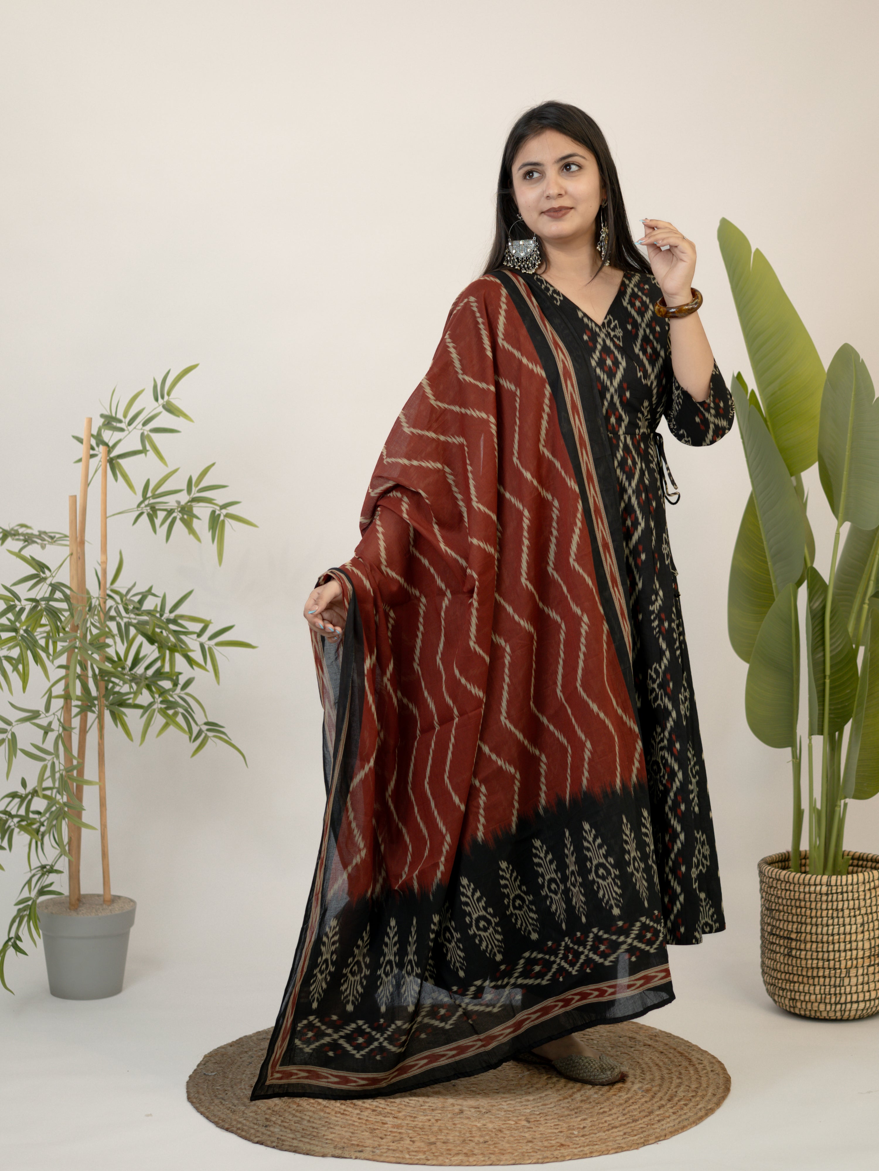 Vanya Red Cotton Ikkat Anarkali Dupatta Set