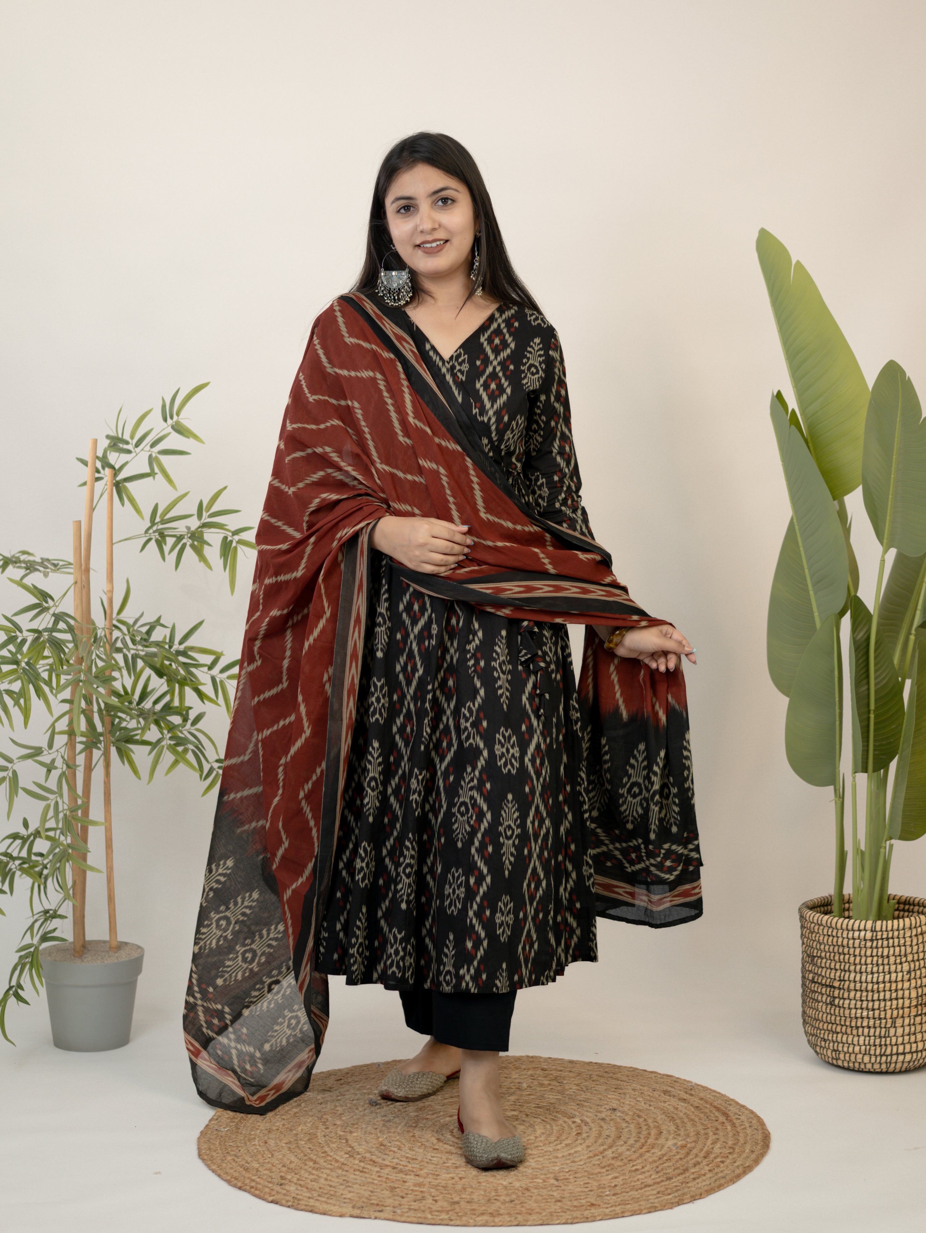 Vanya Red Cotton Ikkat Anarkali Dupatta Set