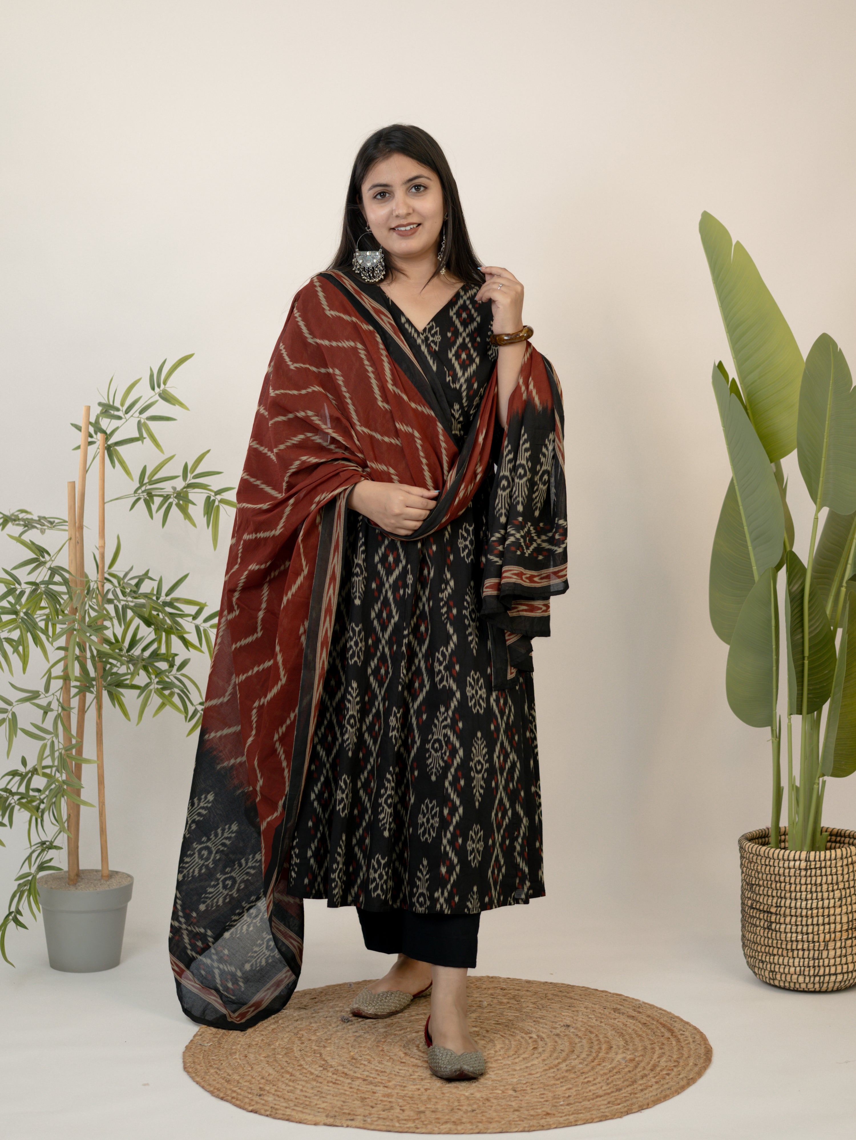 Vanya Red Cotton Ikkat Anarkali Dupatta Set