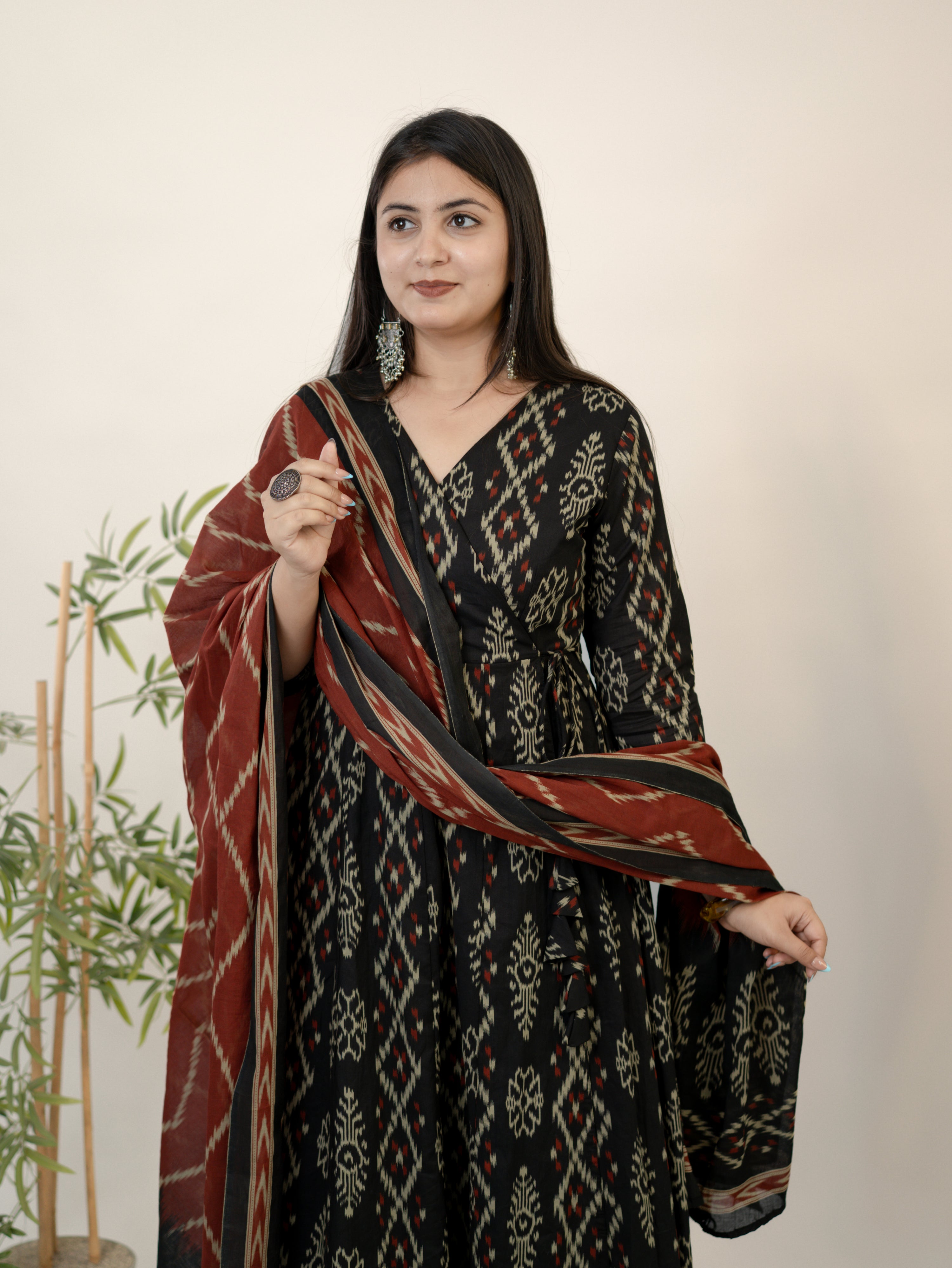 Vanya Red Cotton Ikkat Anarkali Dupatta Set