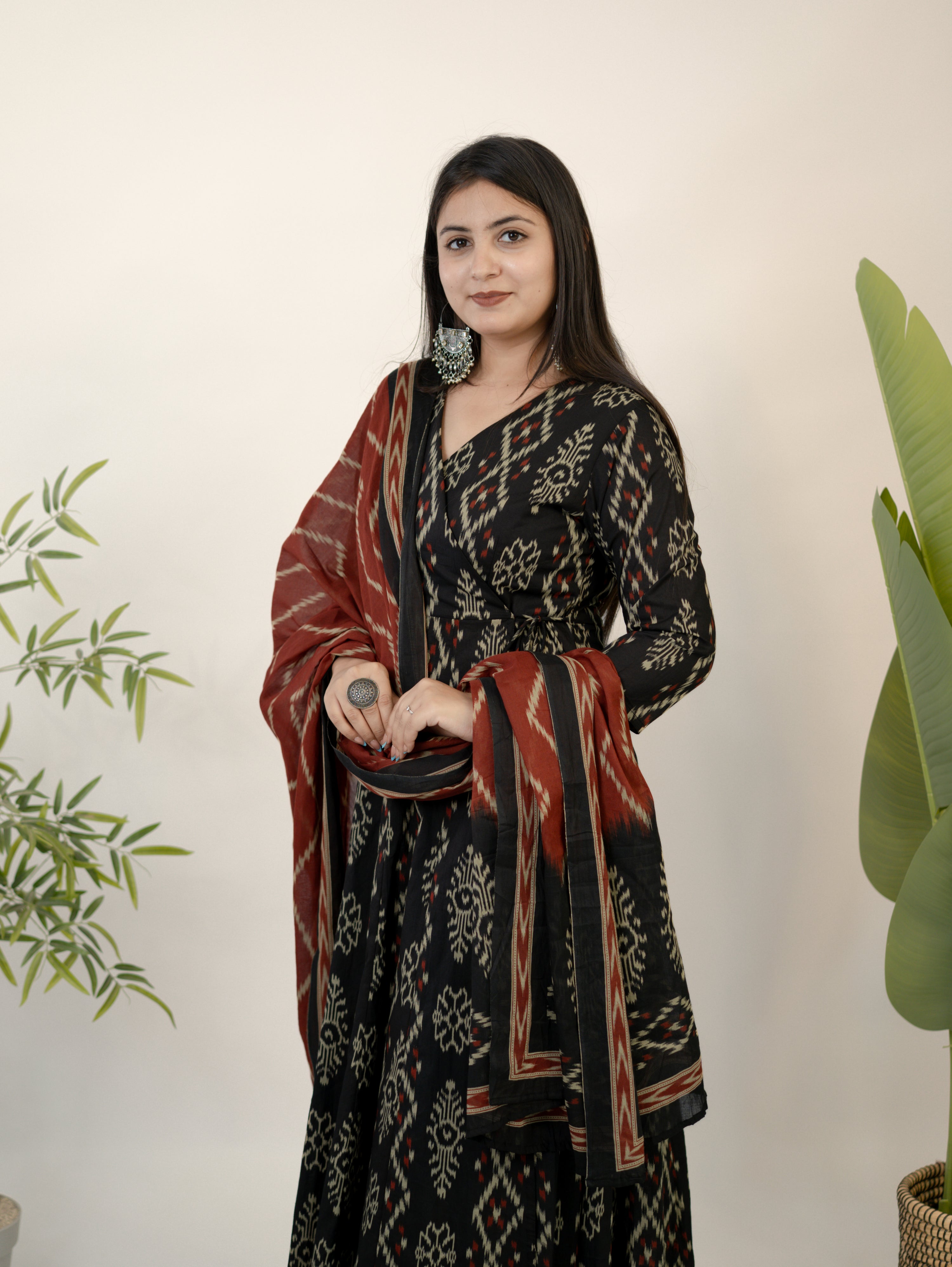 Vanya Red Cotton Ikkat Anarkali Dupatta Set