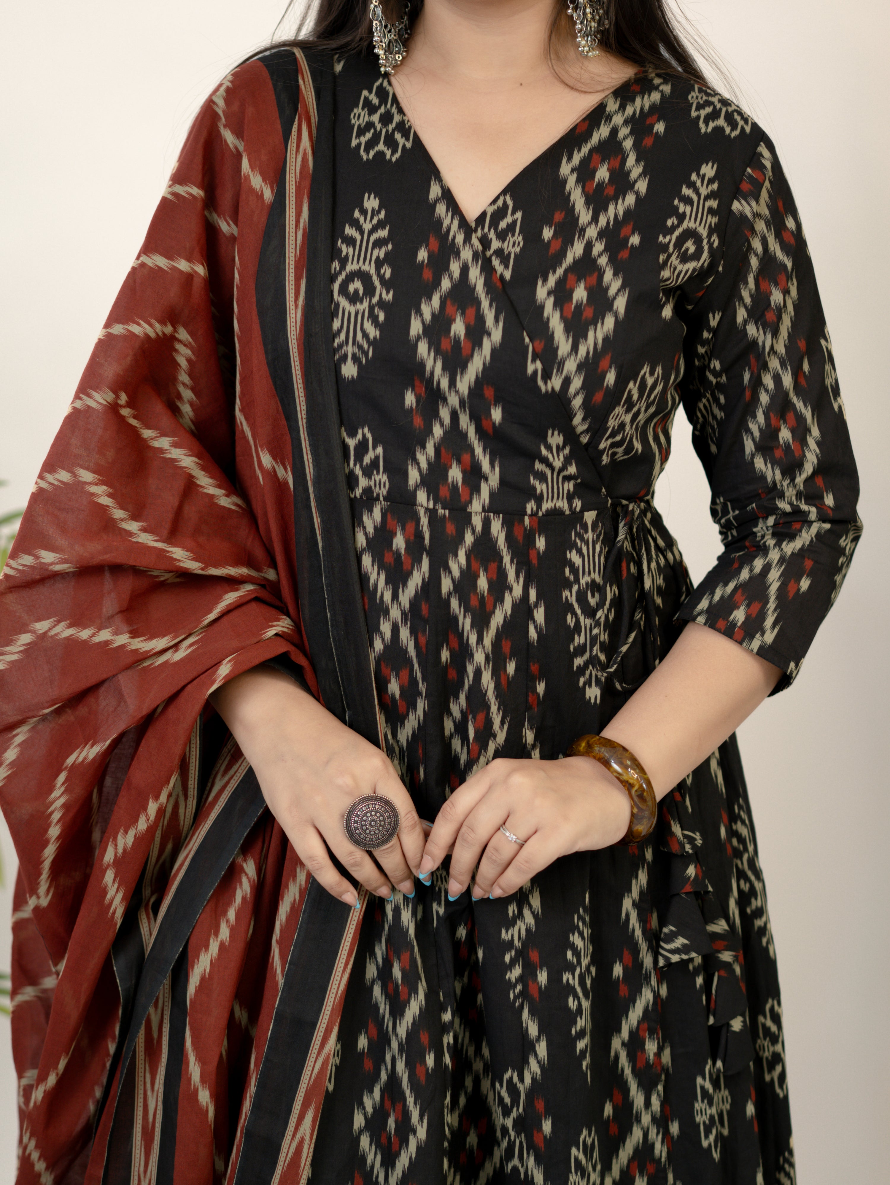 Vanya Red Cotton Ikkat Anarkali Dupatta Set