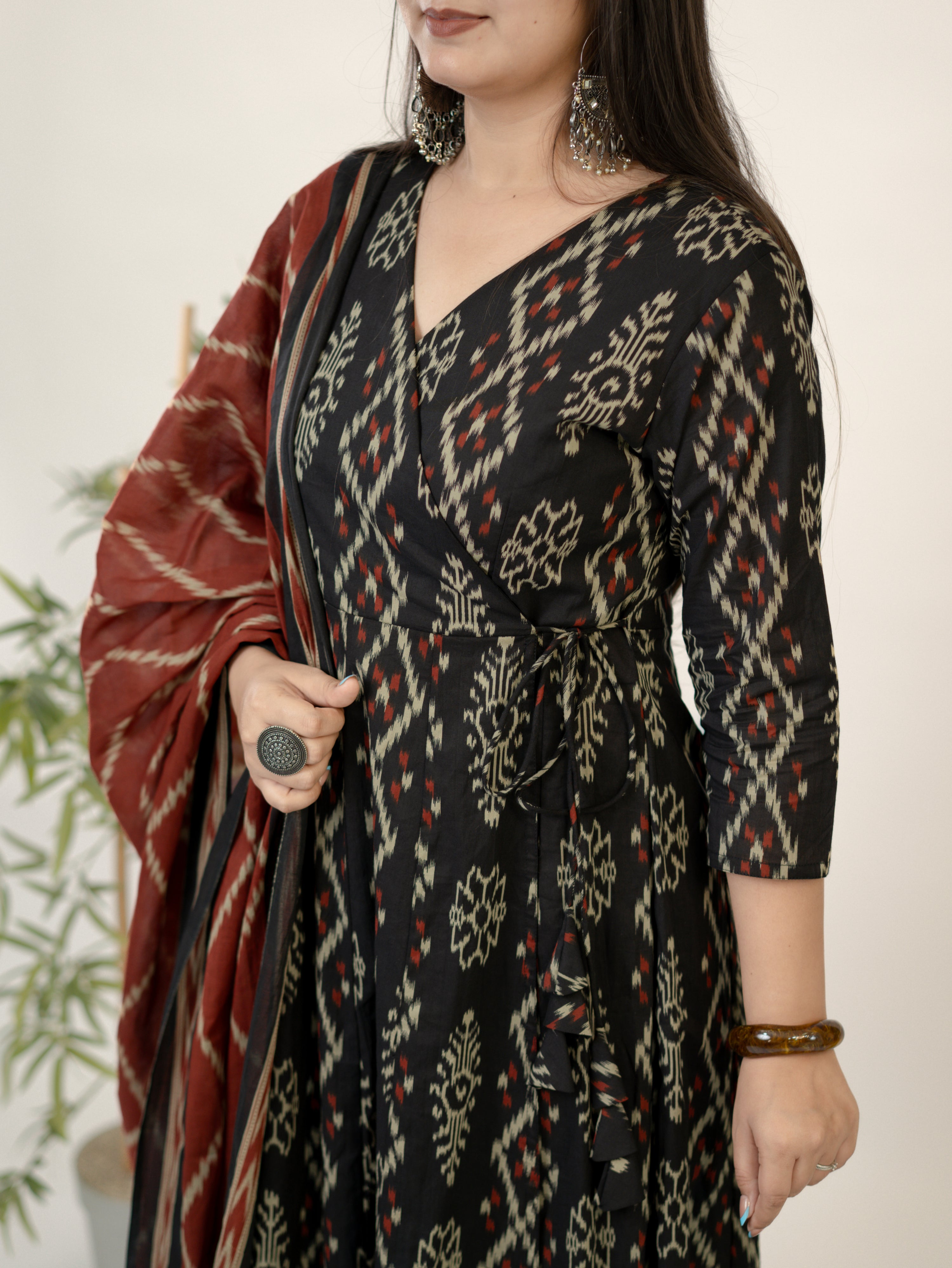 Vanya Red Cotton Ikkat Anarkali Dupatta Set