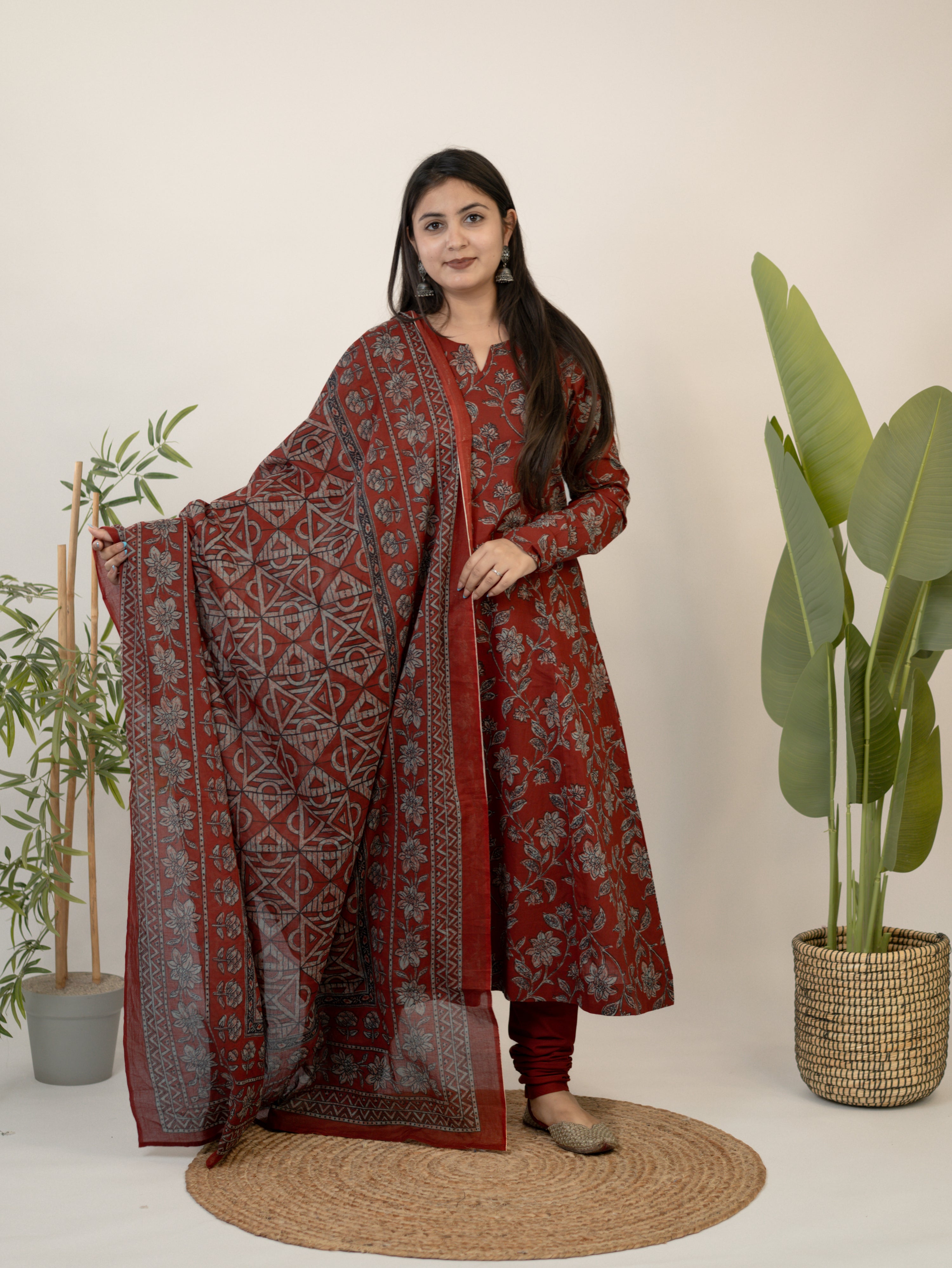 Swara Red Cotton Handblock Floral Anarkali Dupatta Set