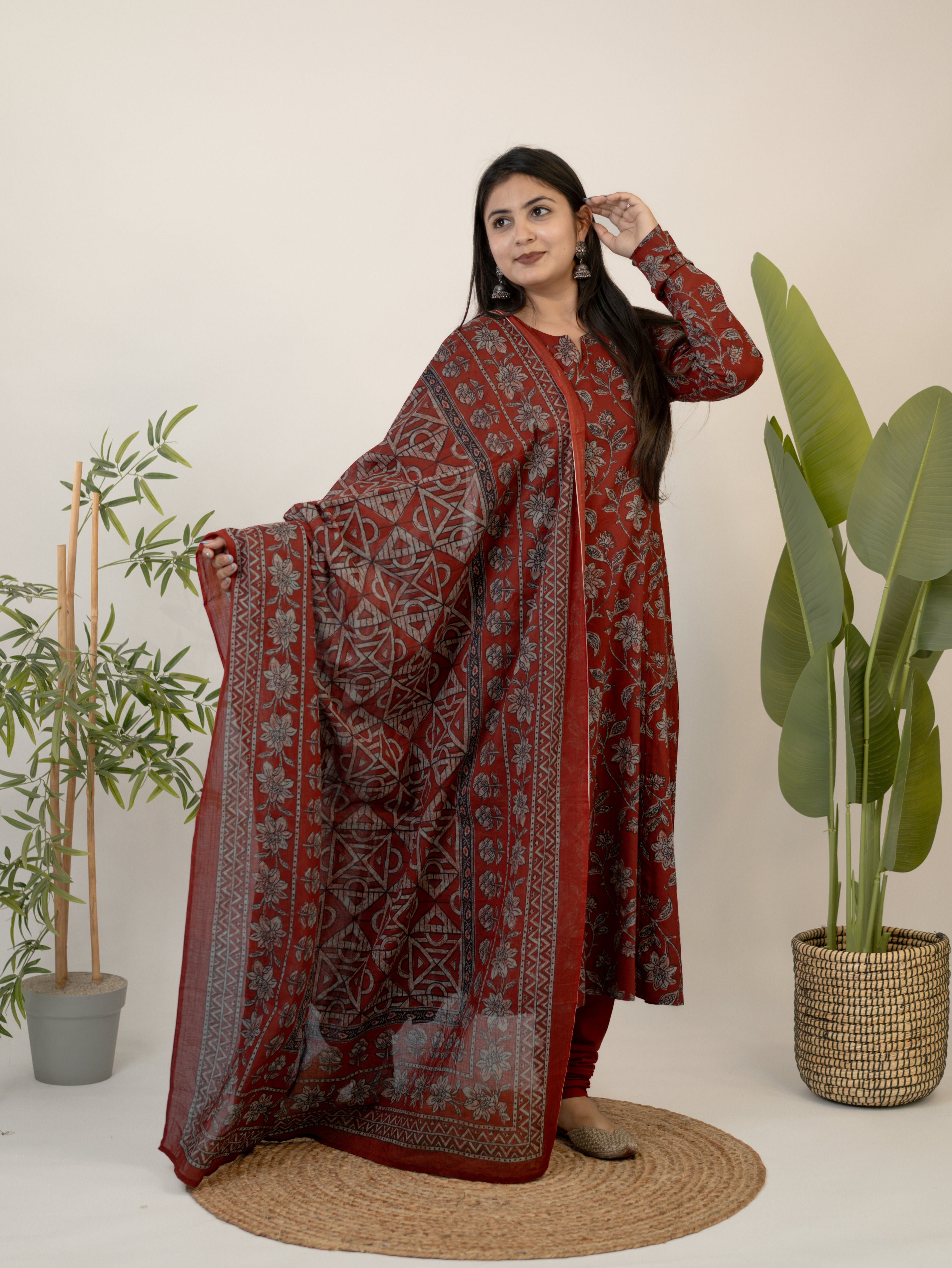 Swara Red Cotton Handblock Floral Anarkali Dupatta Set