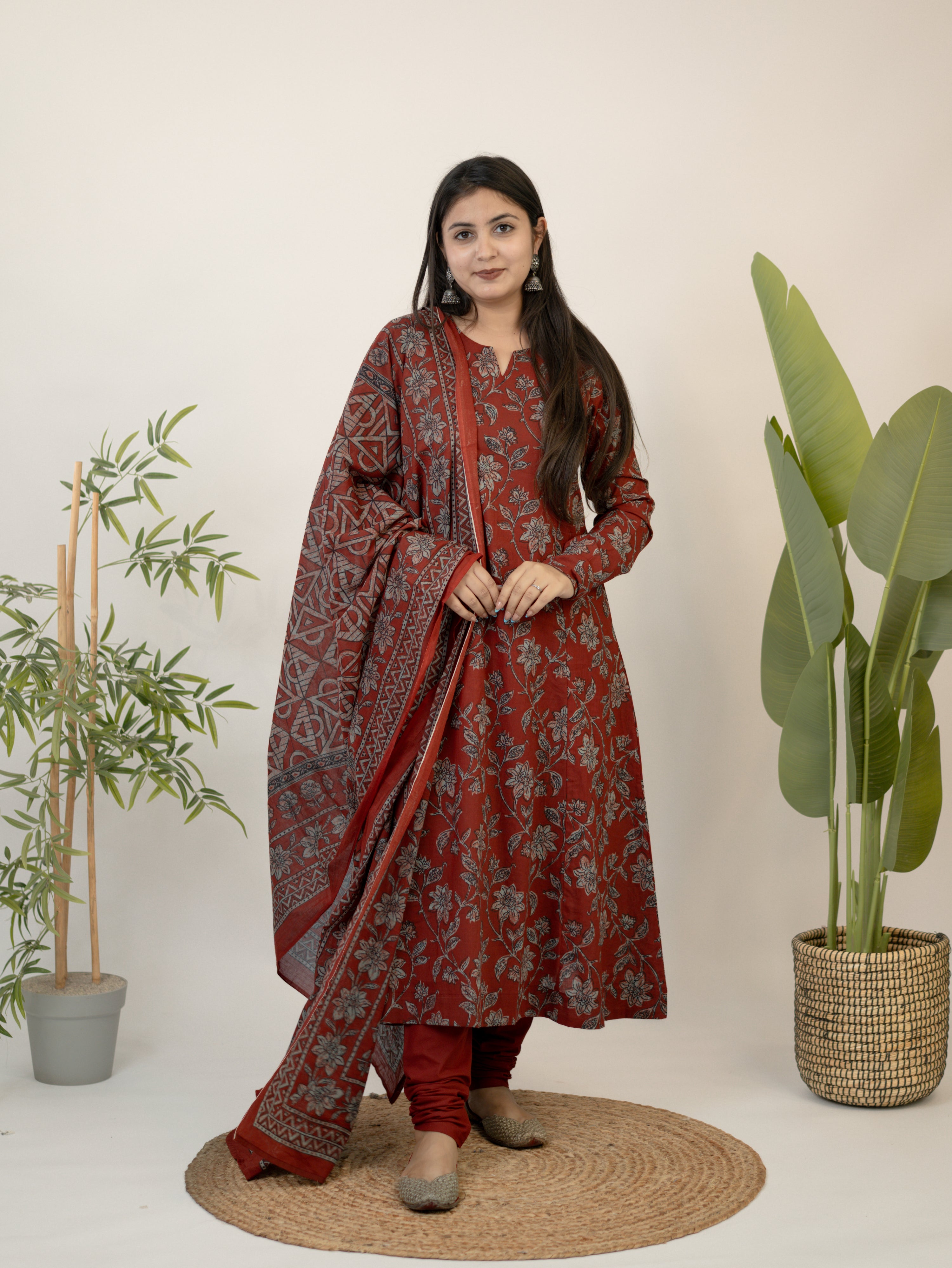Swara Red Cotton Handblock Floral Anarkali Dupatta Set