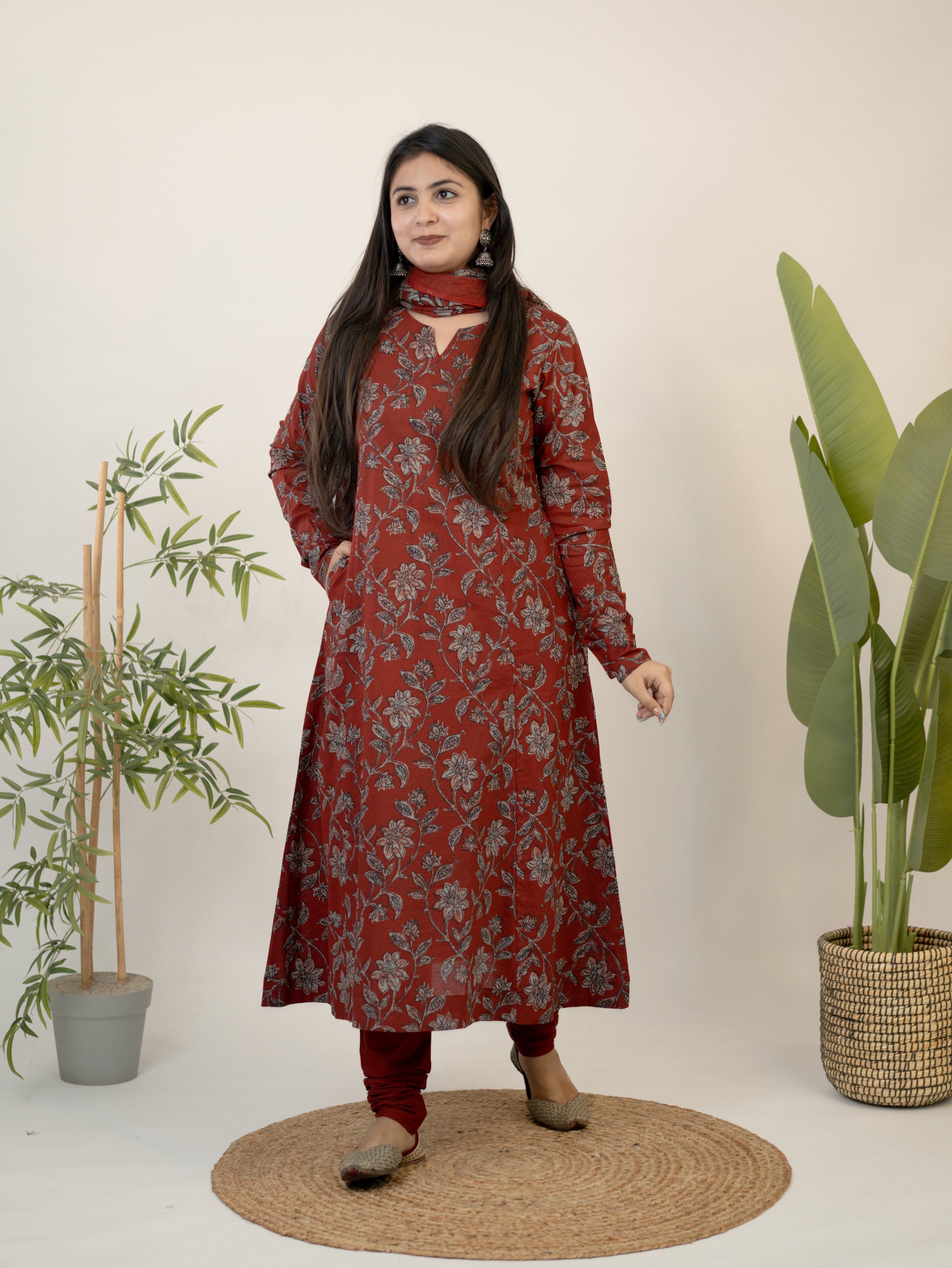 Swara Red Cotton Handblock Floral Anarkali Dupatta Set