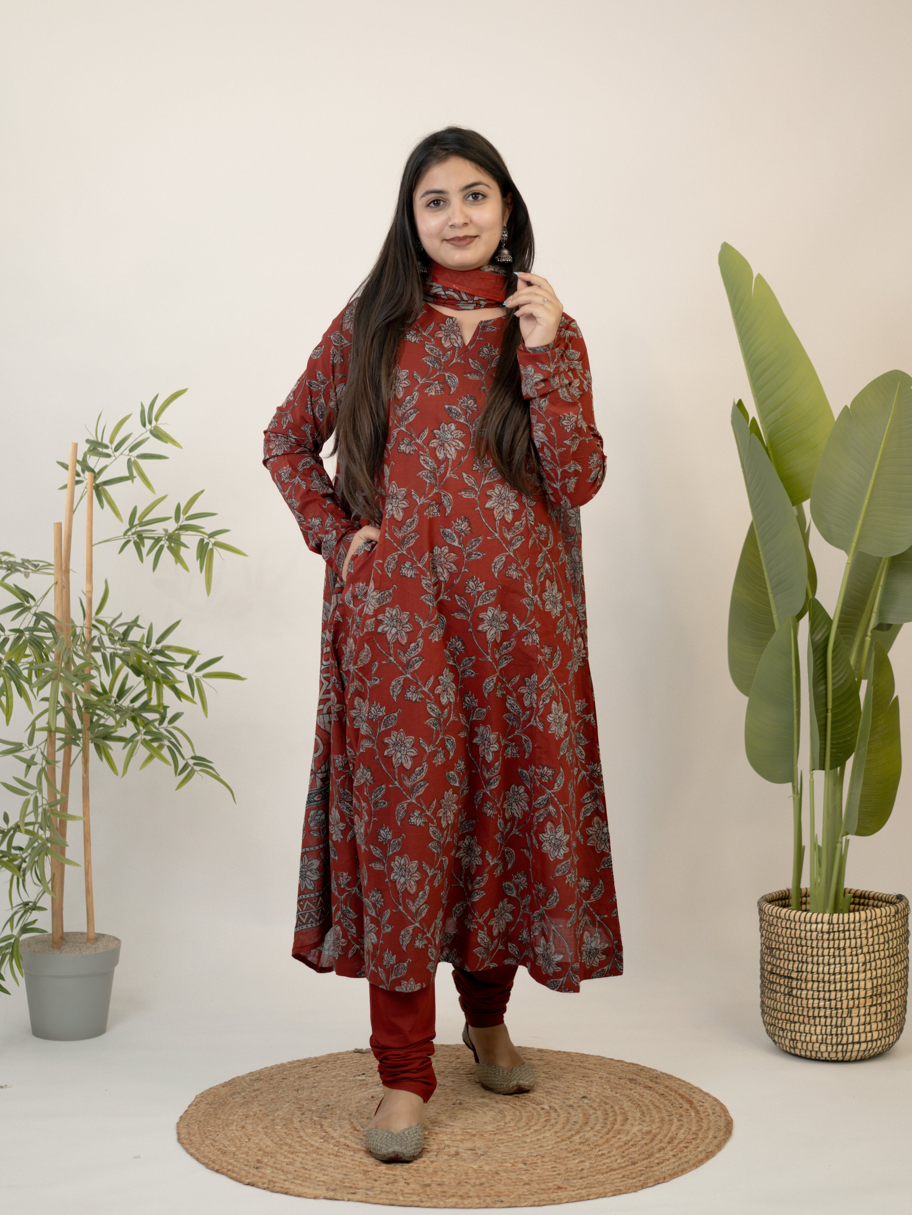 Swara Red Cotton Handblock Floral Anarkali Dupatta Set