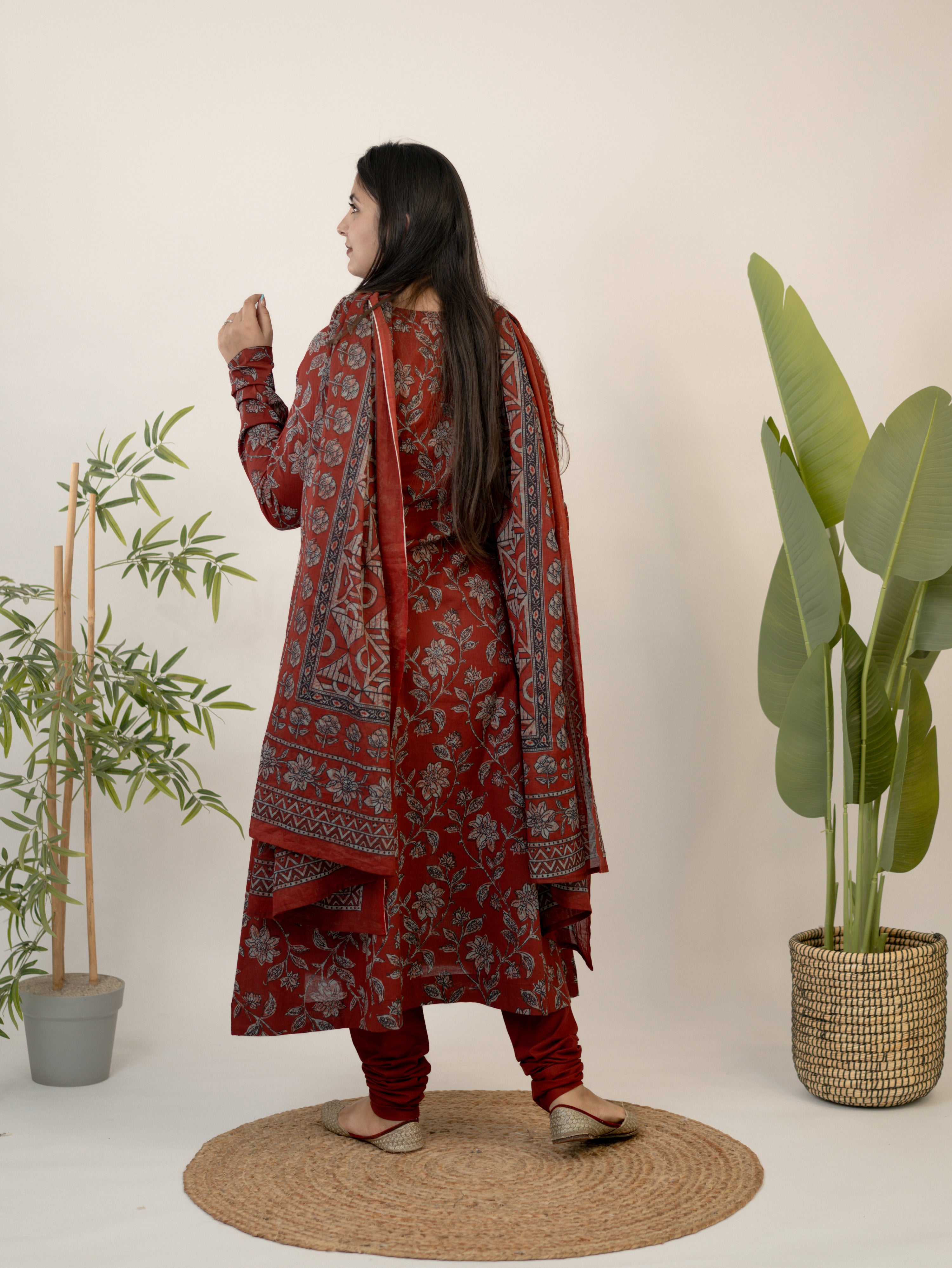 Swara Red Cotton Handblock Floral Anarkali Dupatta Set