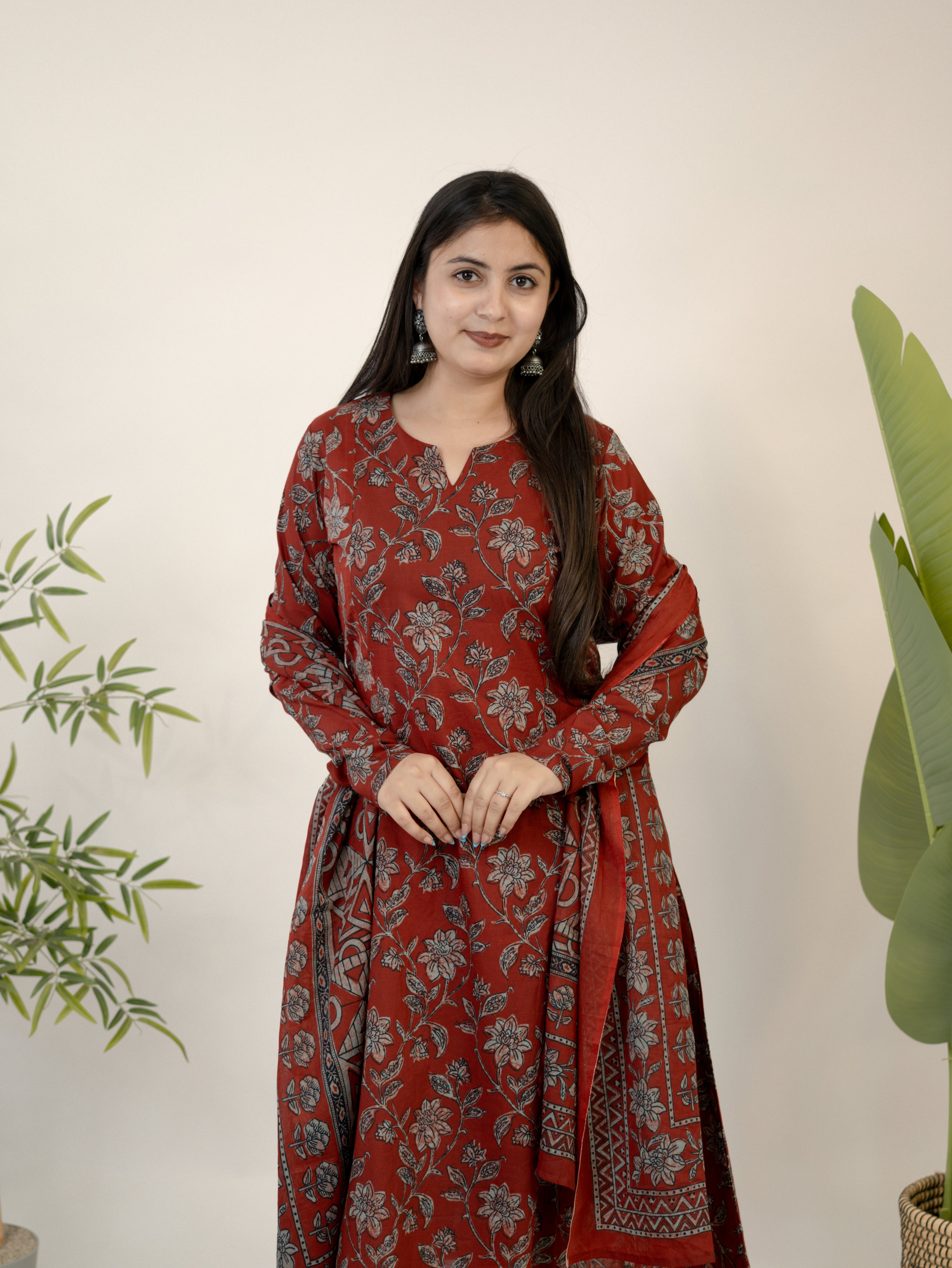 Swara Red Cotton Handblock Floral Anarkali Dupatta Set