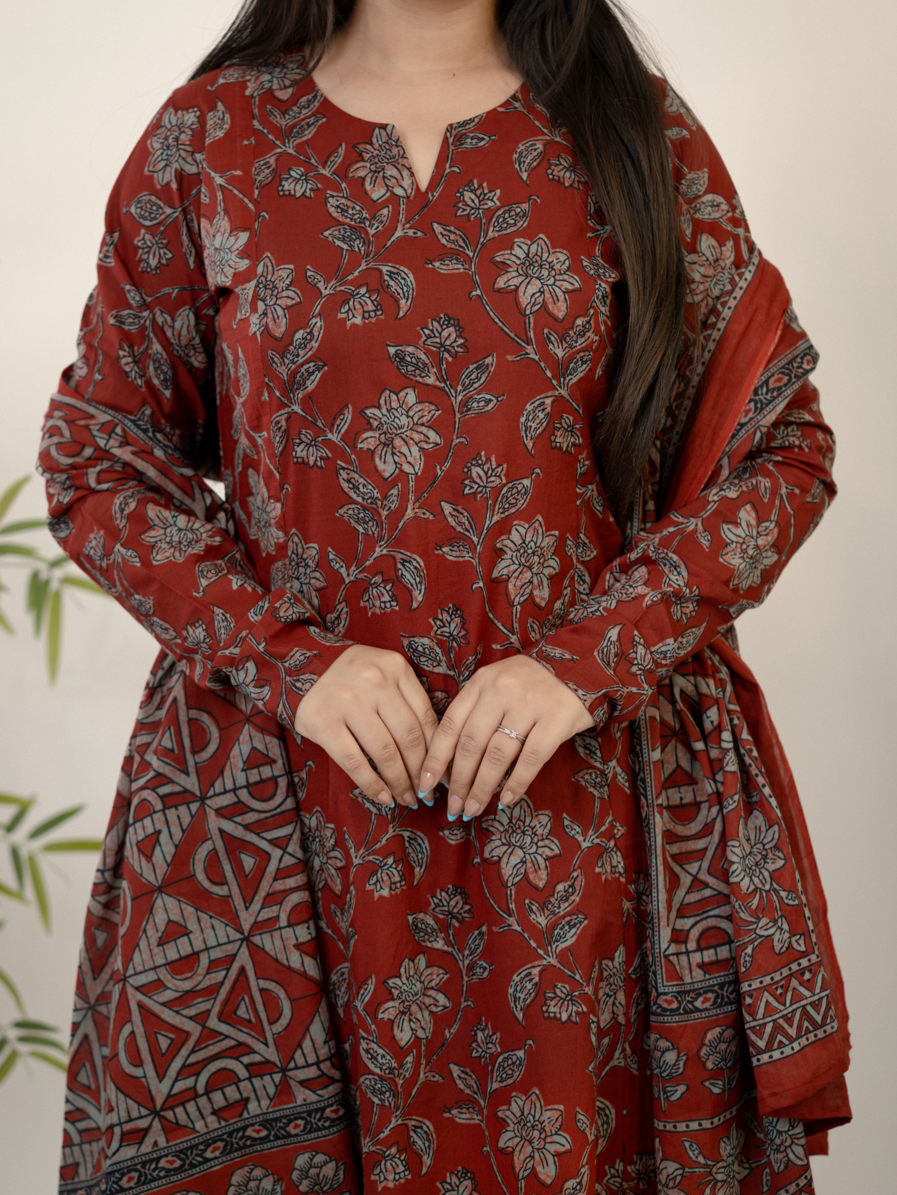 Swara Red Cotton Handblock Floral Anarkali Dupatta Set