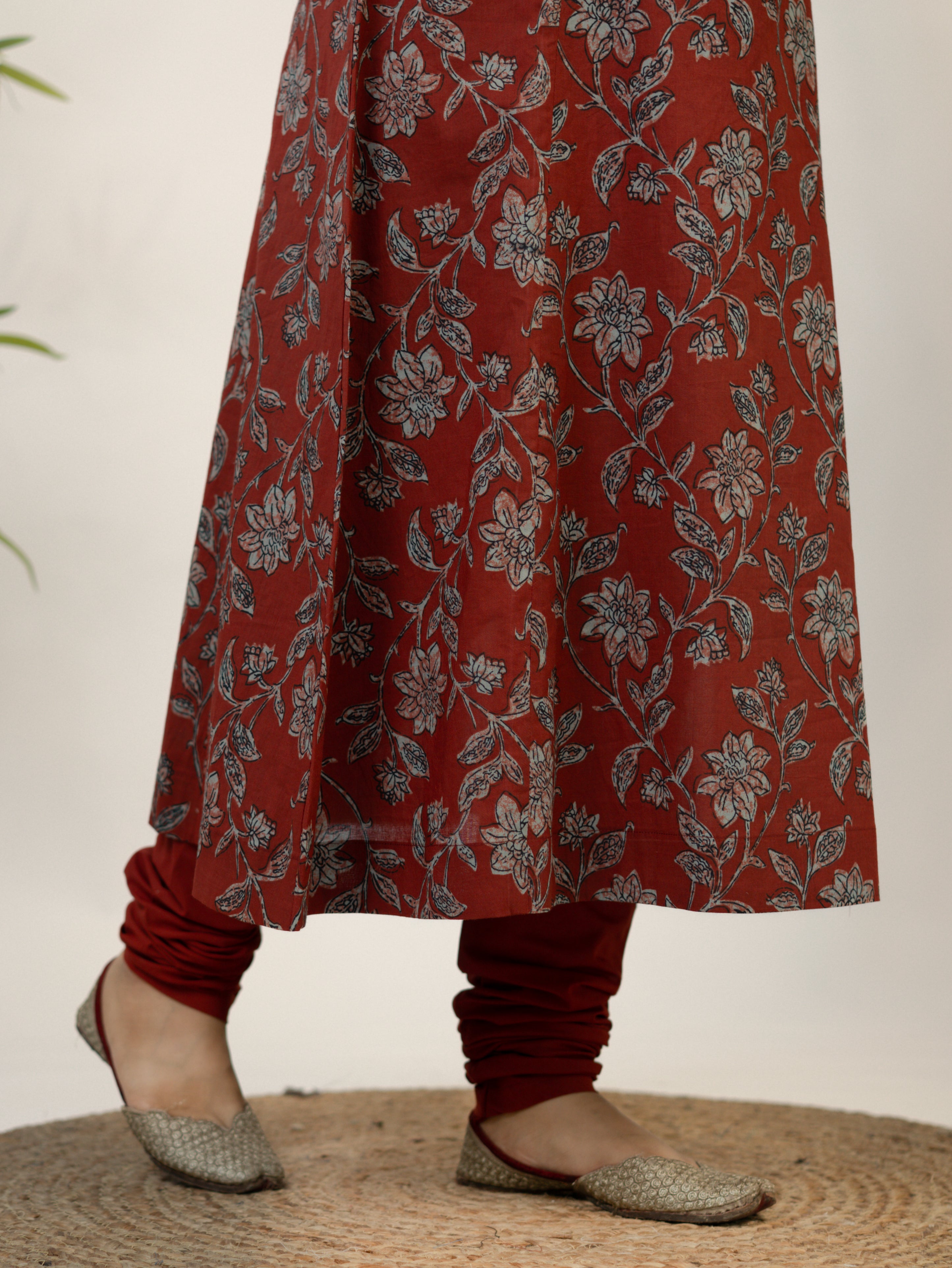 Swara Red Cotton Handblock Floral Anarkali Dupatta Set
