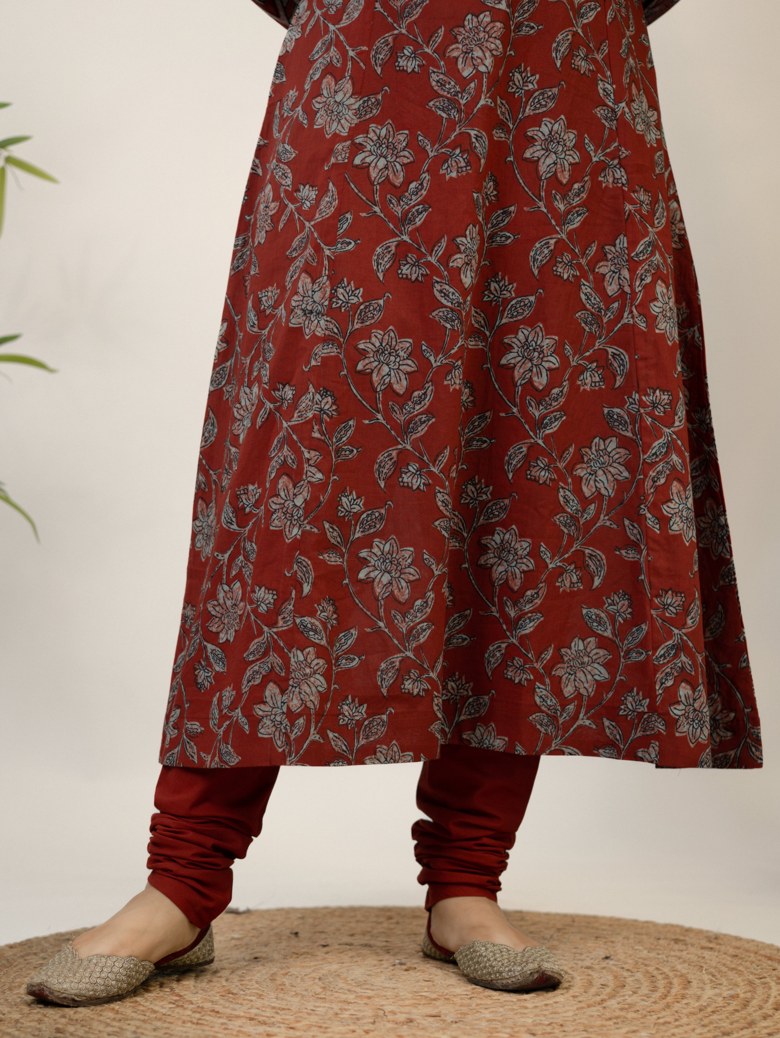 Swara Red Cotton Handblock Floral Anarkali Dupatta Set