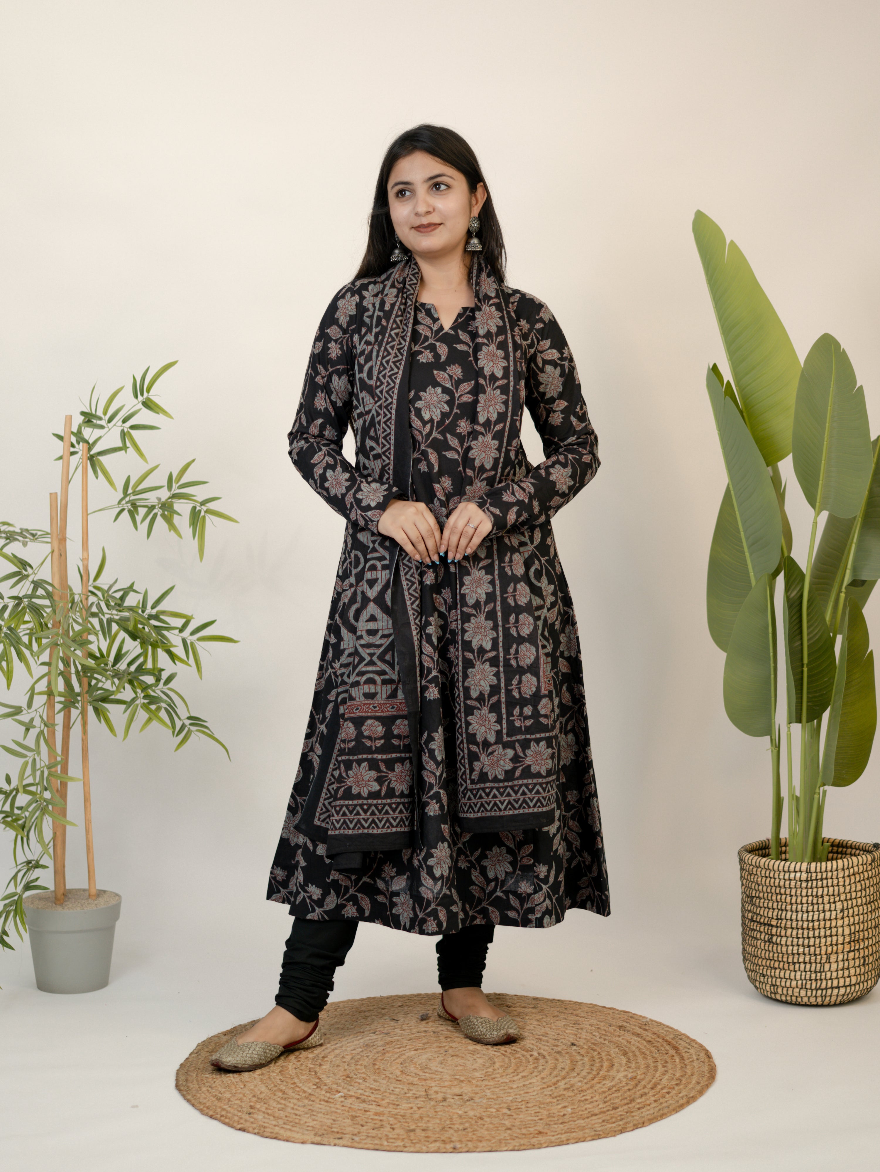 Swara Black Cotton Handblock Floral Anarkali Dupatta Set