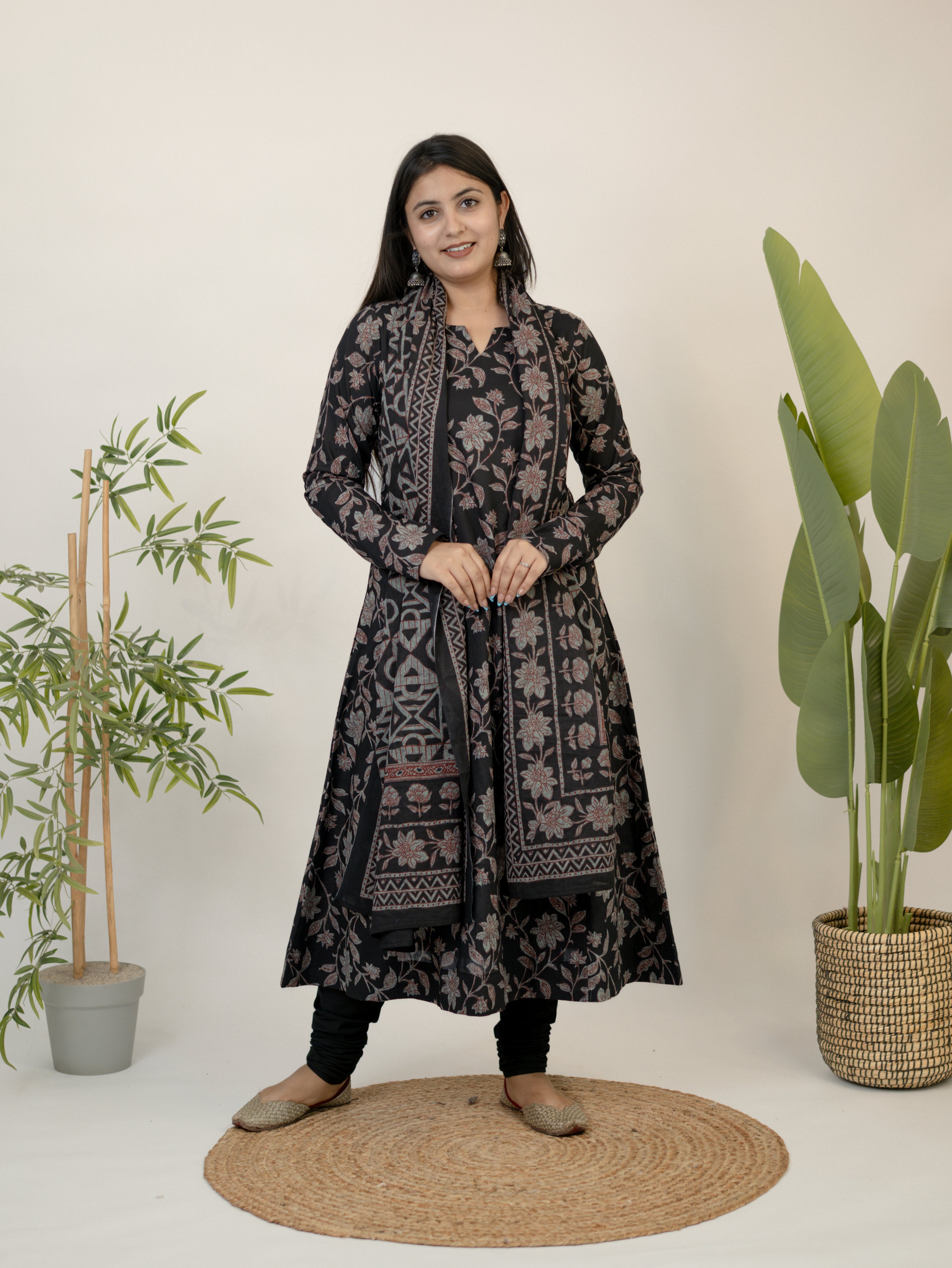 Swara Black Cotton Handblock Floral Anarkali Dupatta Set