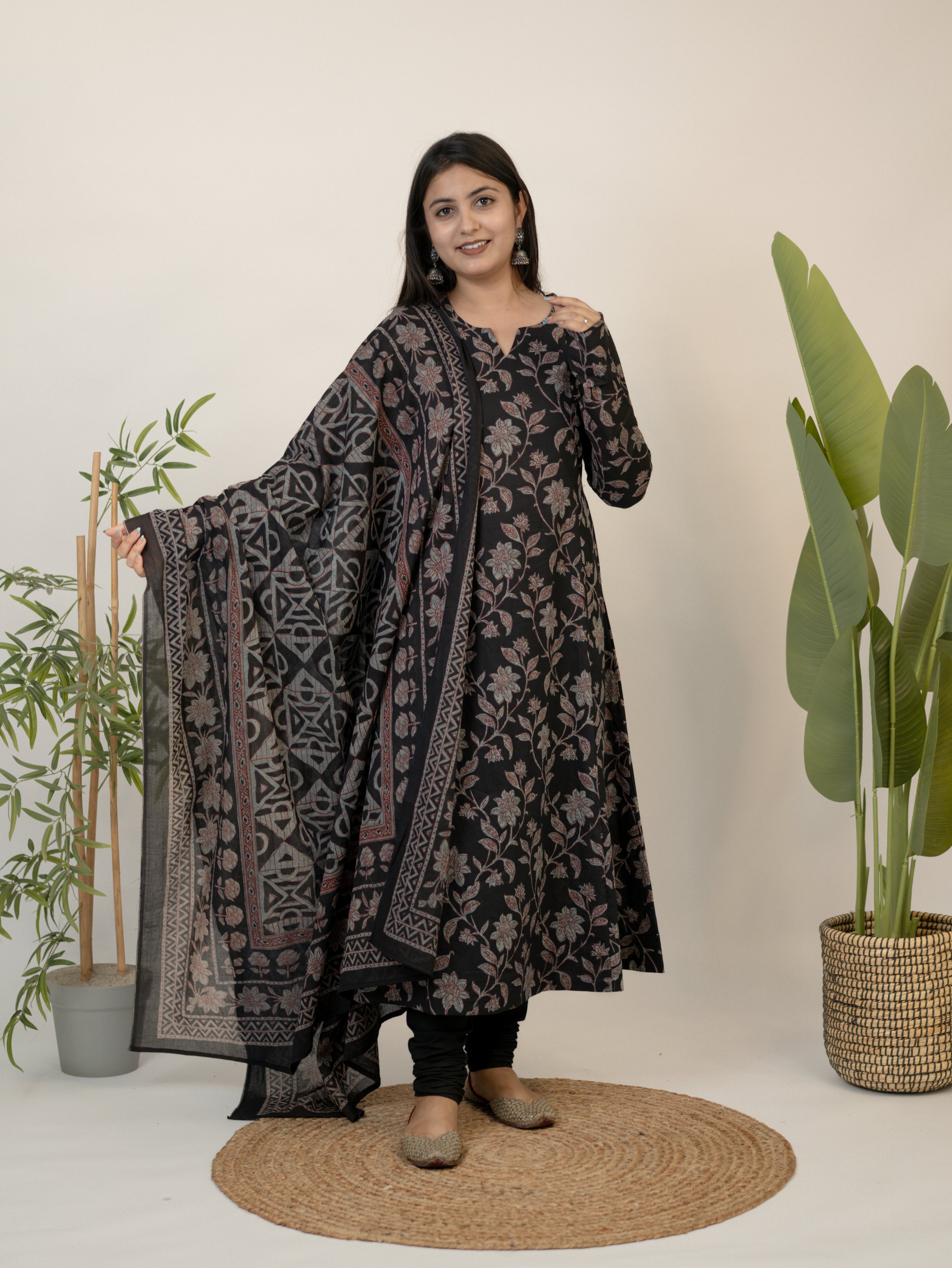 Swara Black Cotton Handblock Floral Anarkali Dupatta Set